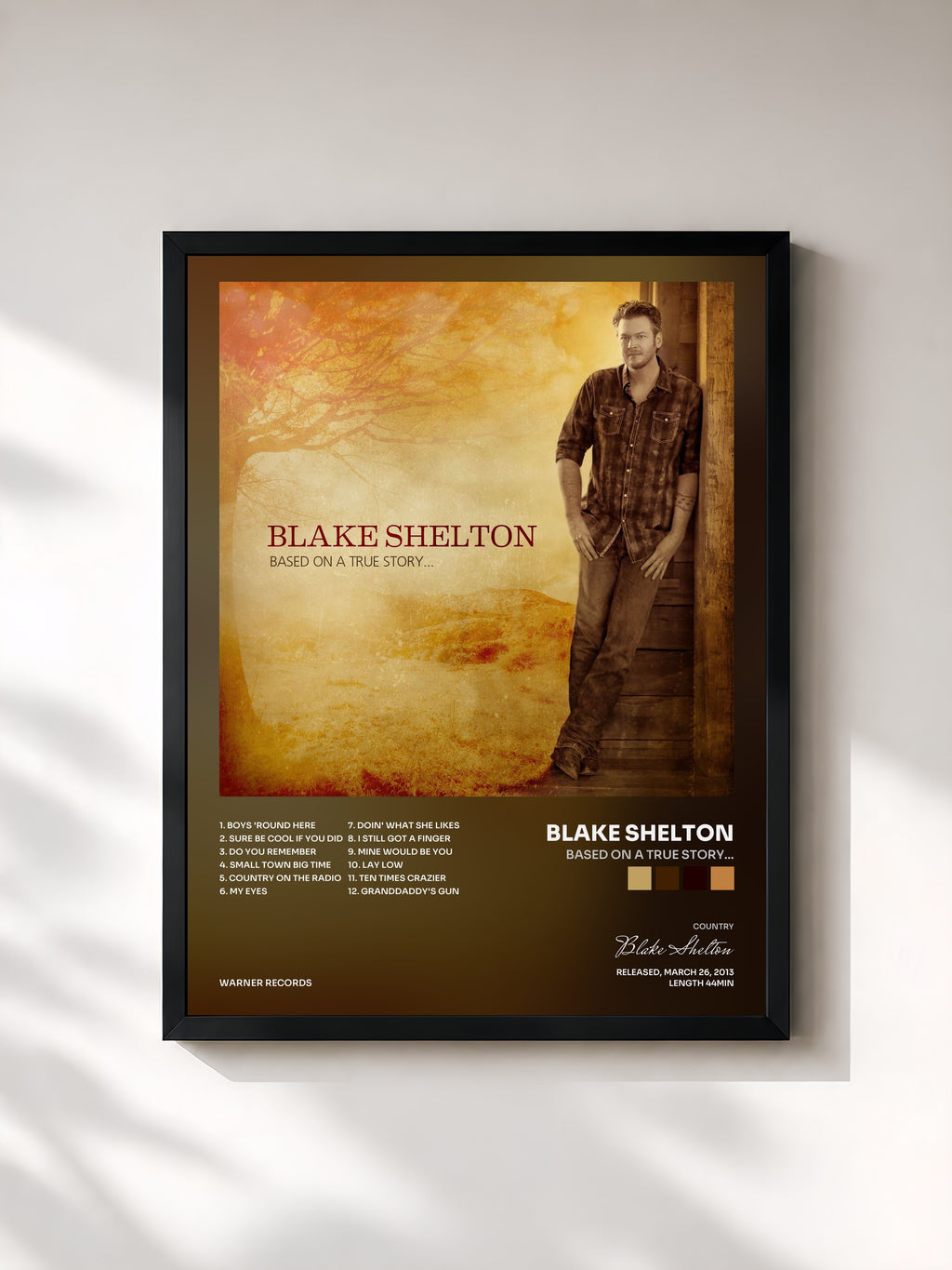#noir Tableau de l'album Based on a True Story... de Blake Shelton, cadre noir, imprimé et encadré en France