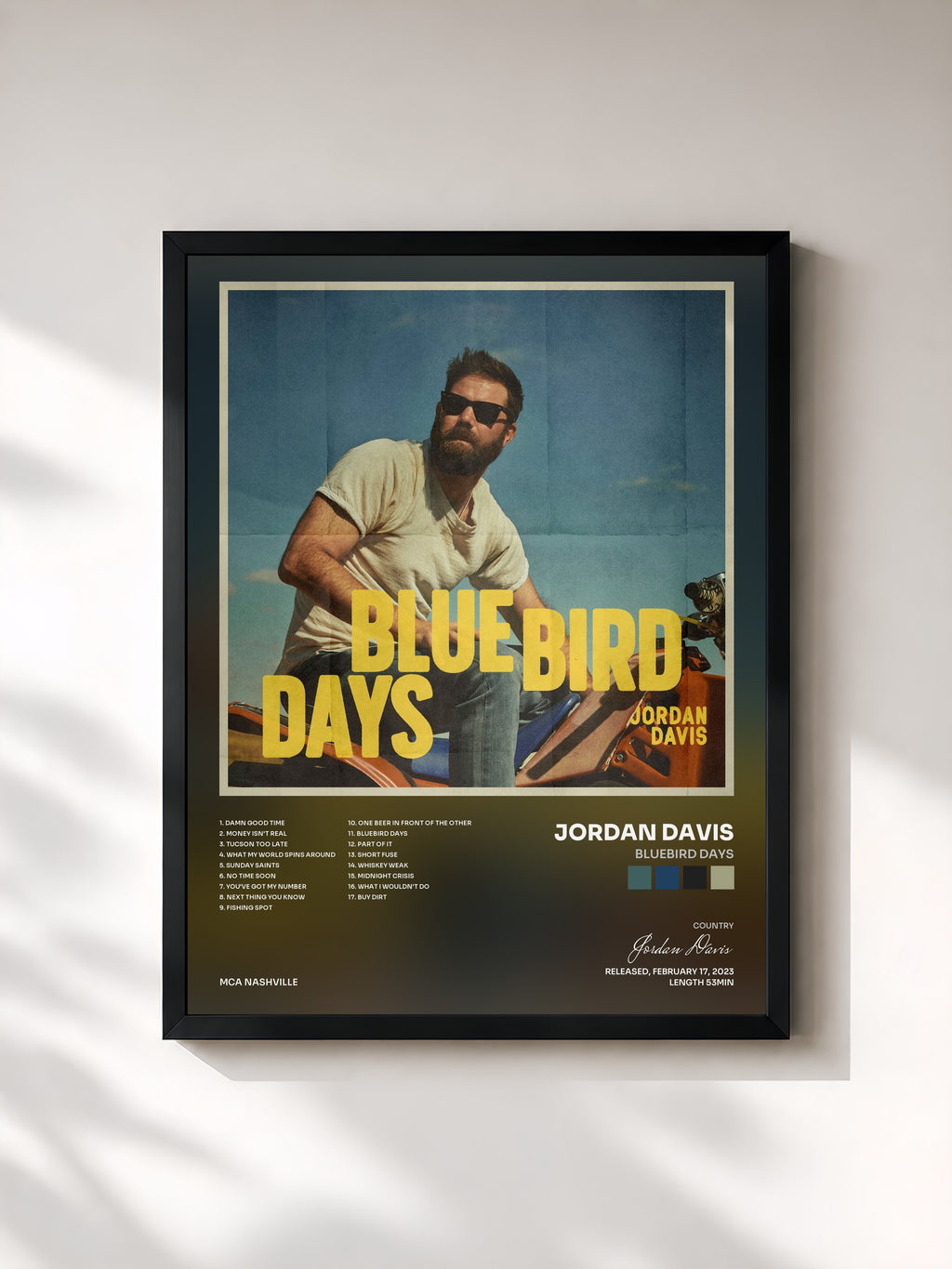 #noir Tableau de l'album Bluebird Days de Jordan Davis, cadre noir, imprimé et encadré en France