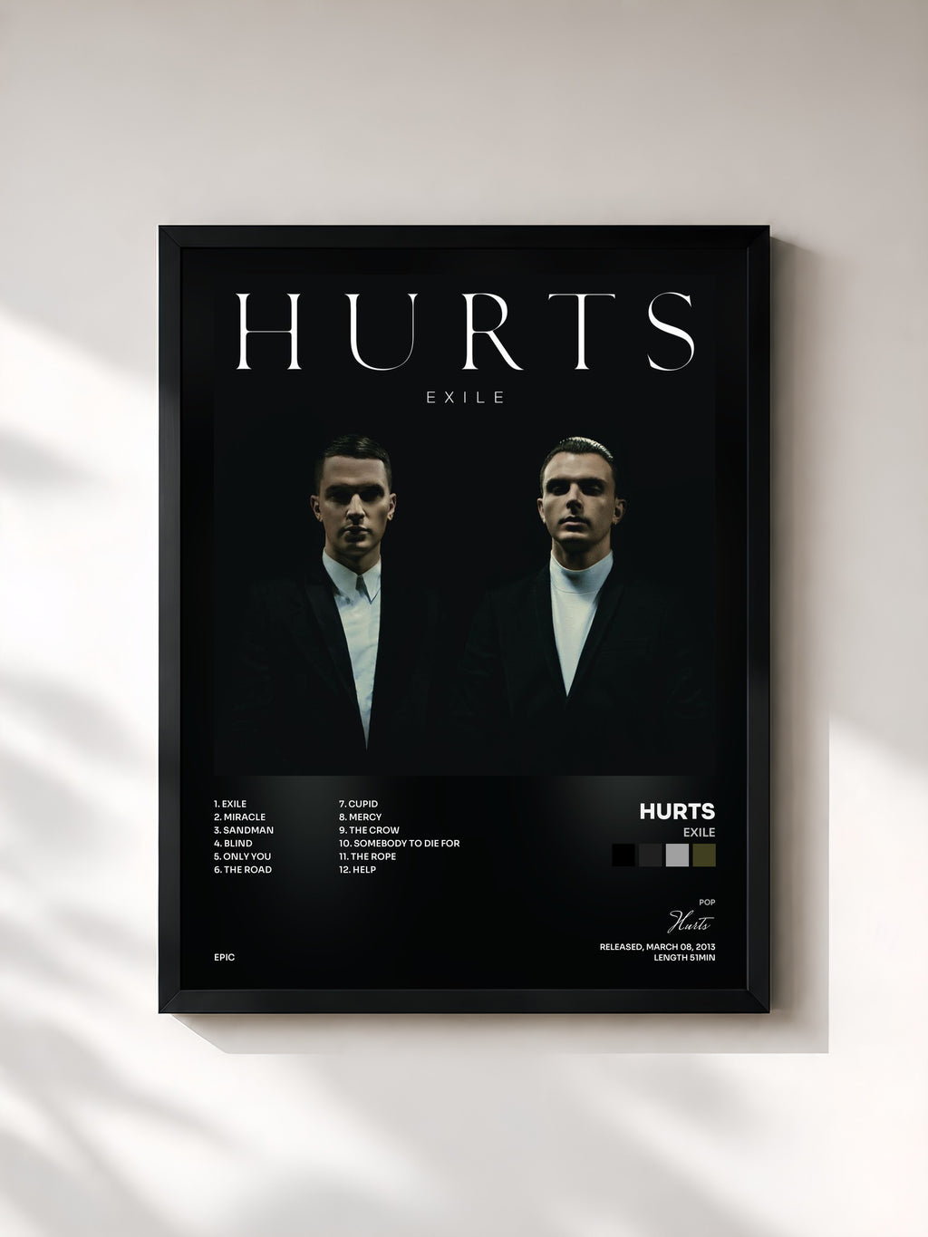 #noir Tableau de l'album Exile de Hurts, cadre noir, imprimé et encadré en France