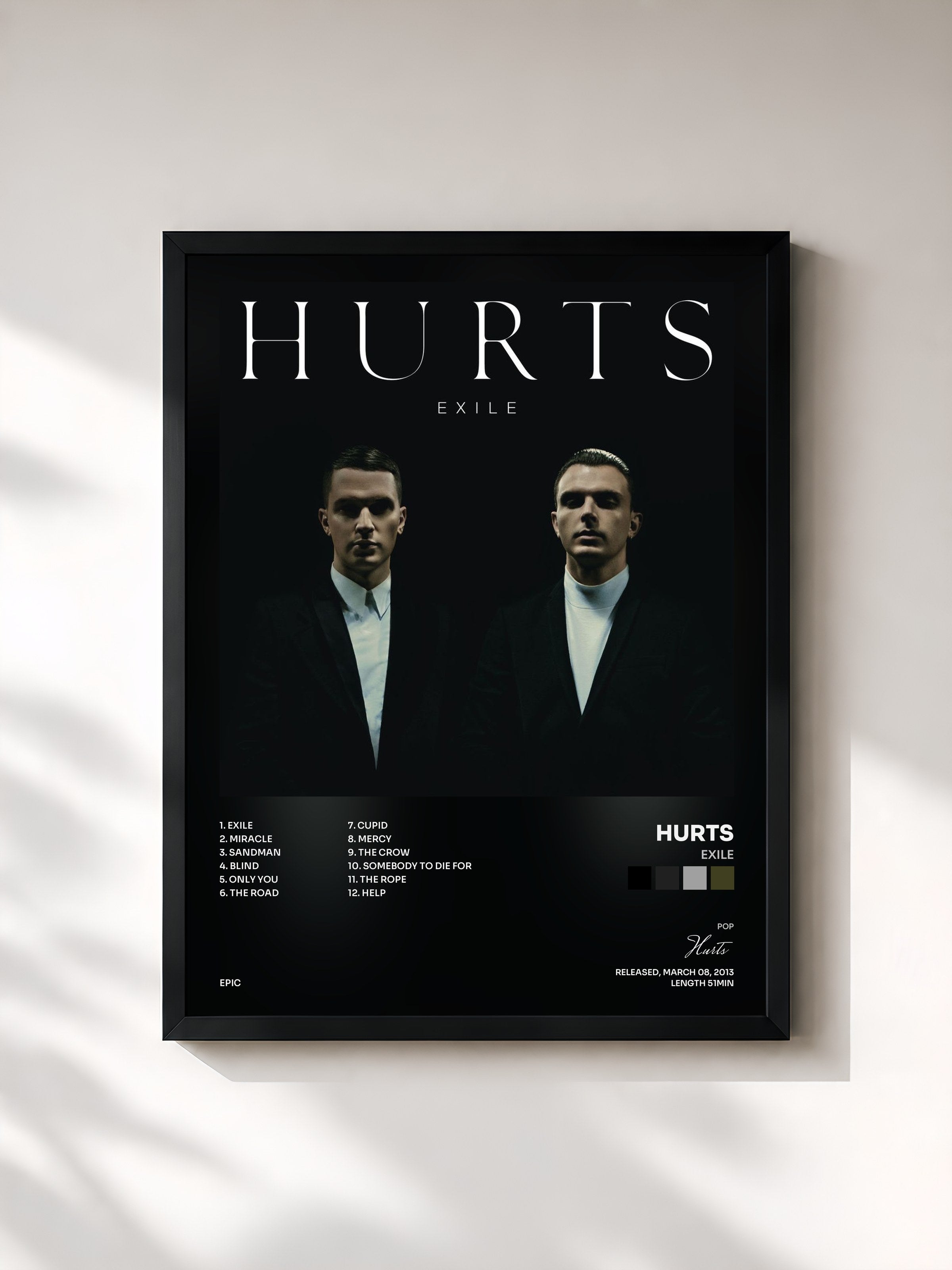 #noir Tableau de l'album Exile de Hurts, cadre noir, imprimé et encadré en France