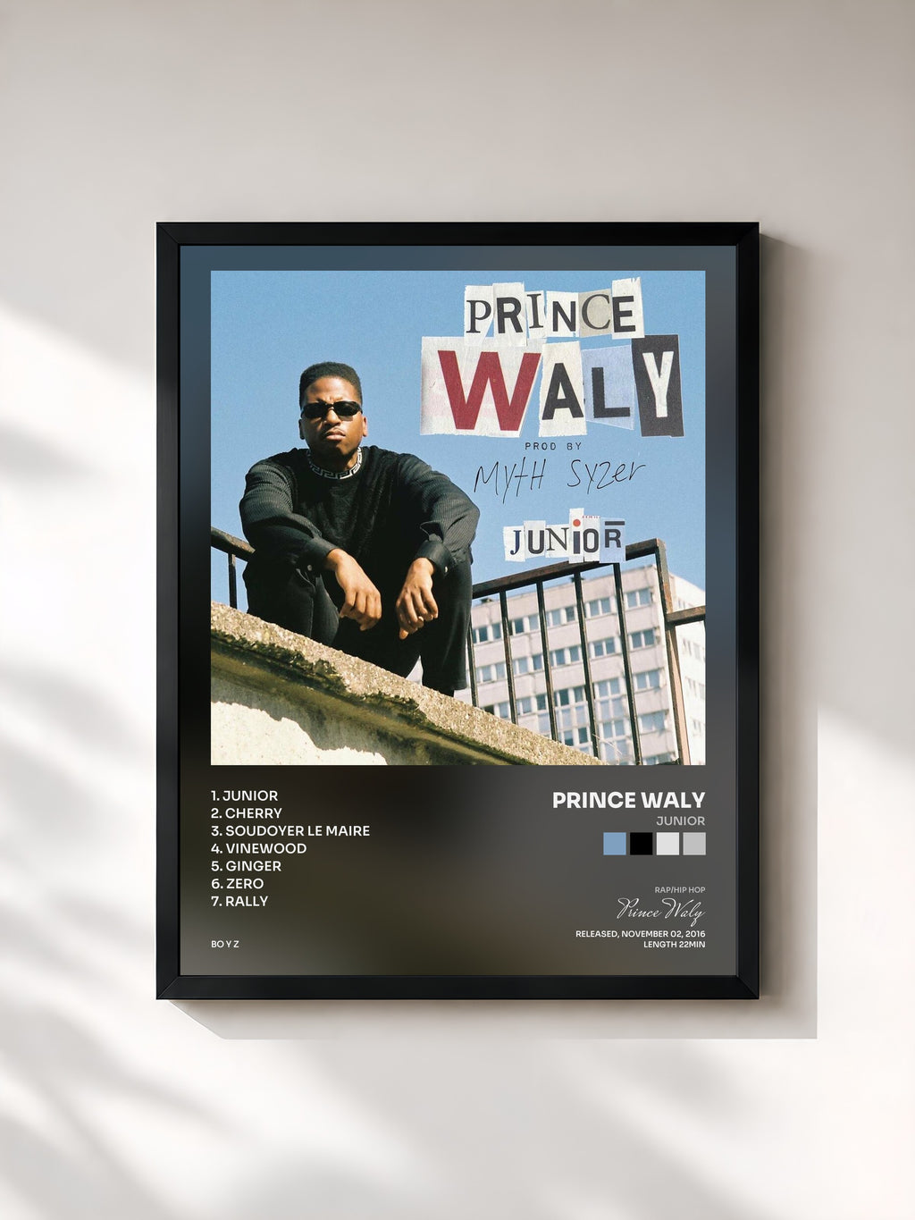 #noir Tableau de l'album Junior de Prince Waly, cadre noir, imprimé et encadré en France