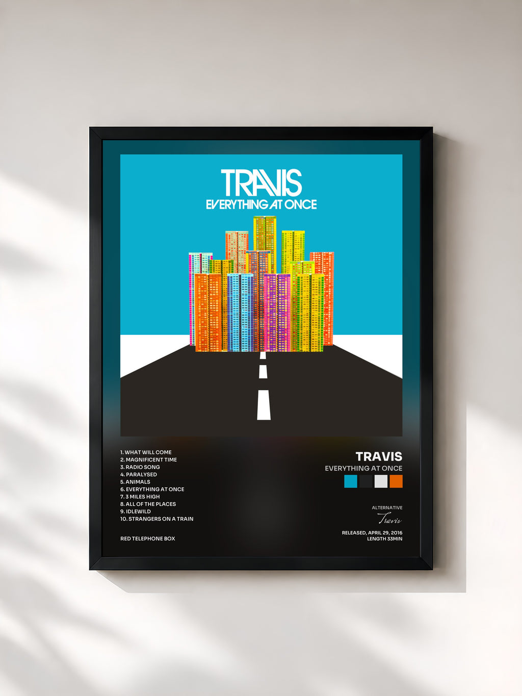 #noir Tableau de l'album Everything At Once de Travis, cadre noir, imprimé et encadré en France