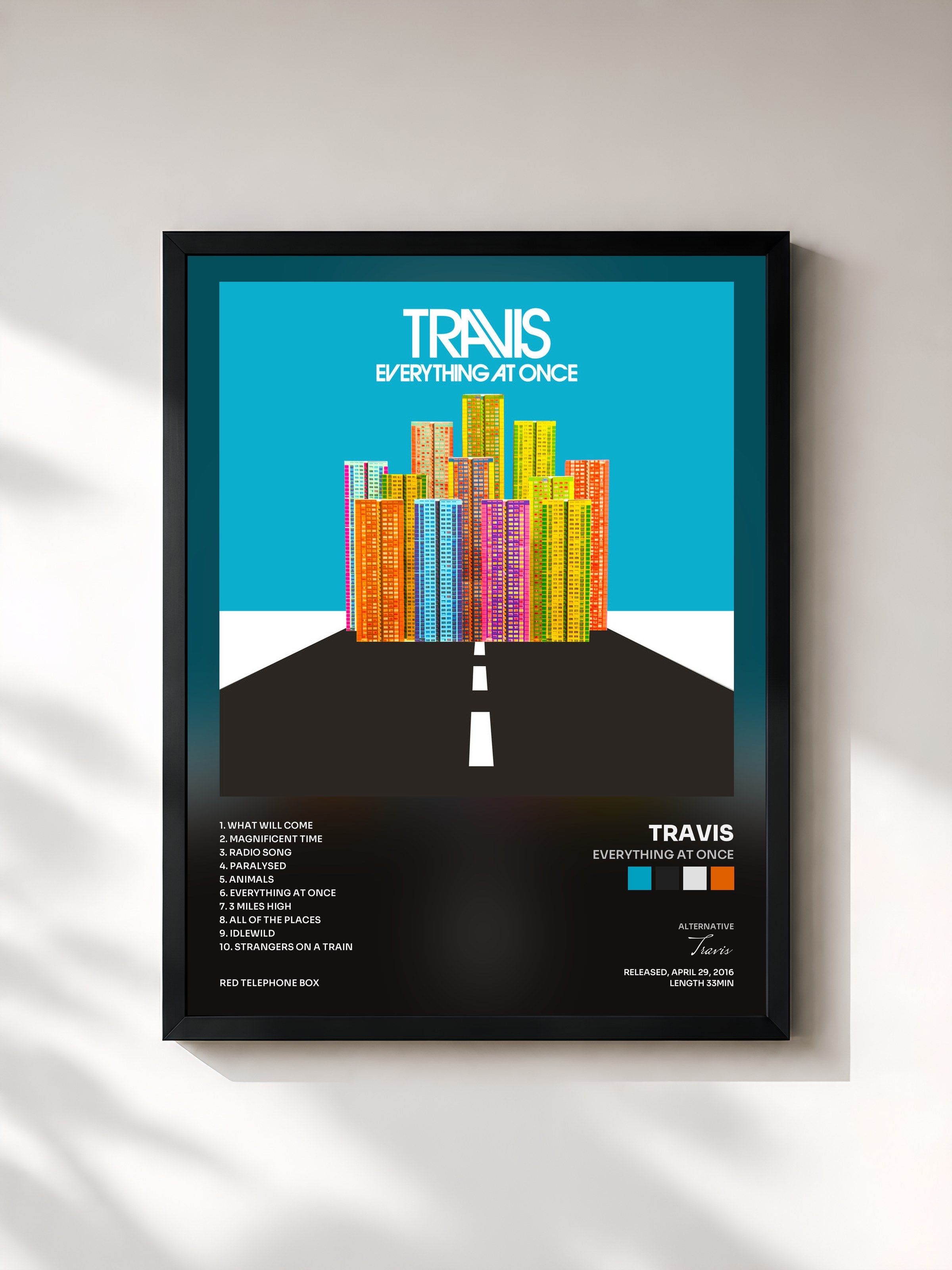 #noir Tableau de l'album Everything At Once de Travis, cadre noir, imprimé et encadré en France