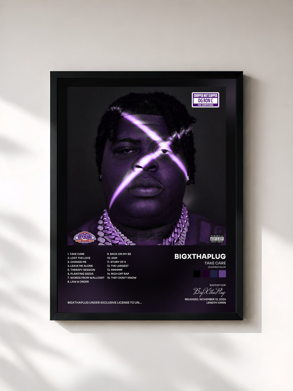 #noir Tableau de l'album TAKE CARE (ChopNotSlop) de BigXthaPlug, cadre noir, imprimé et encadré en France