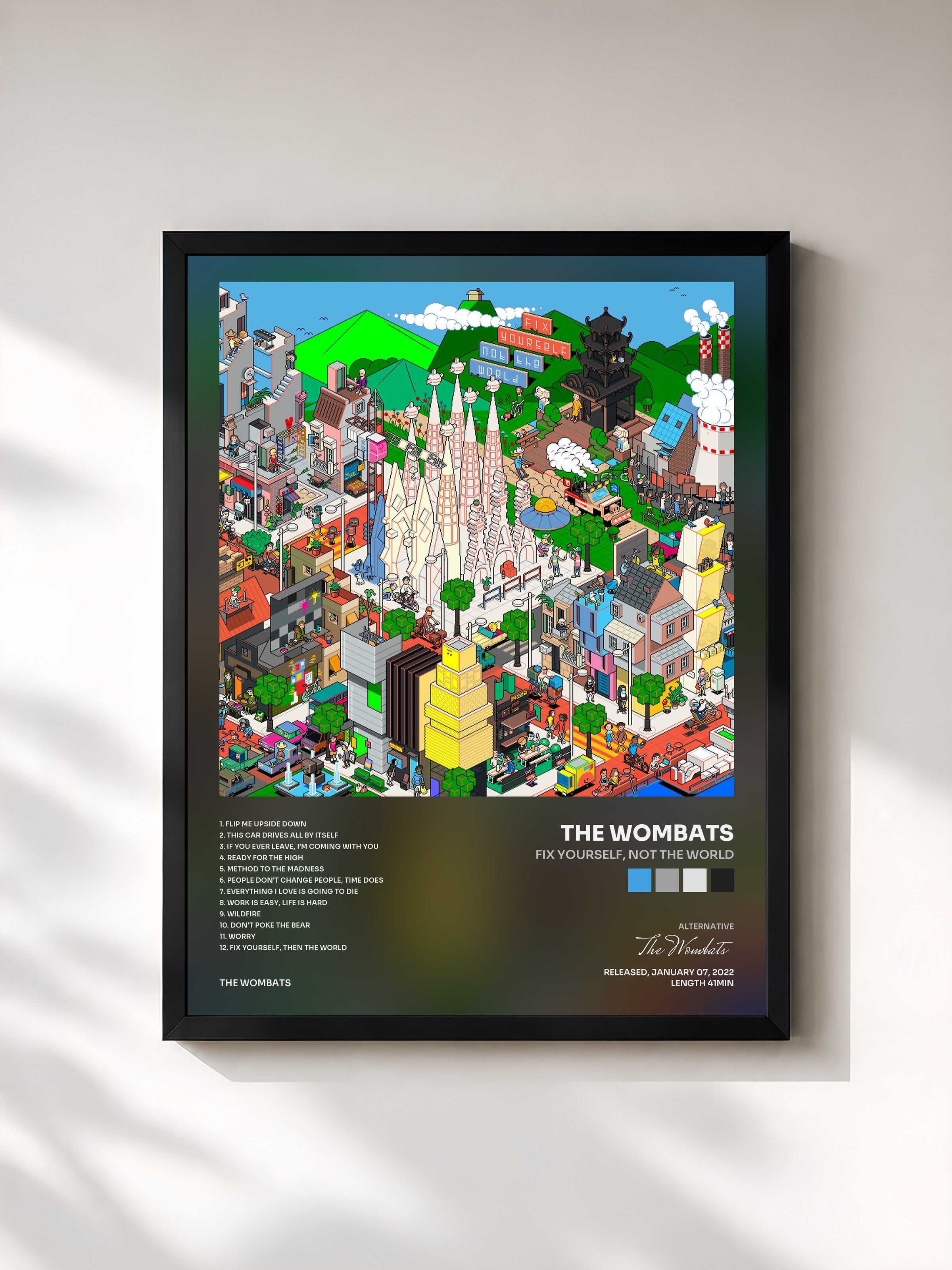 #noir Tableau de l'album Fix Yourself, Not the World de The Wombats, cadre noir, imprimé et encadré en France