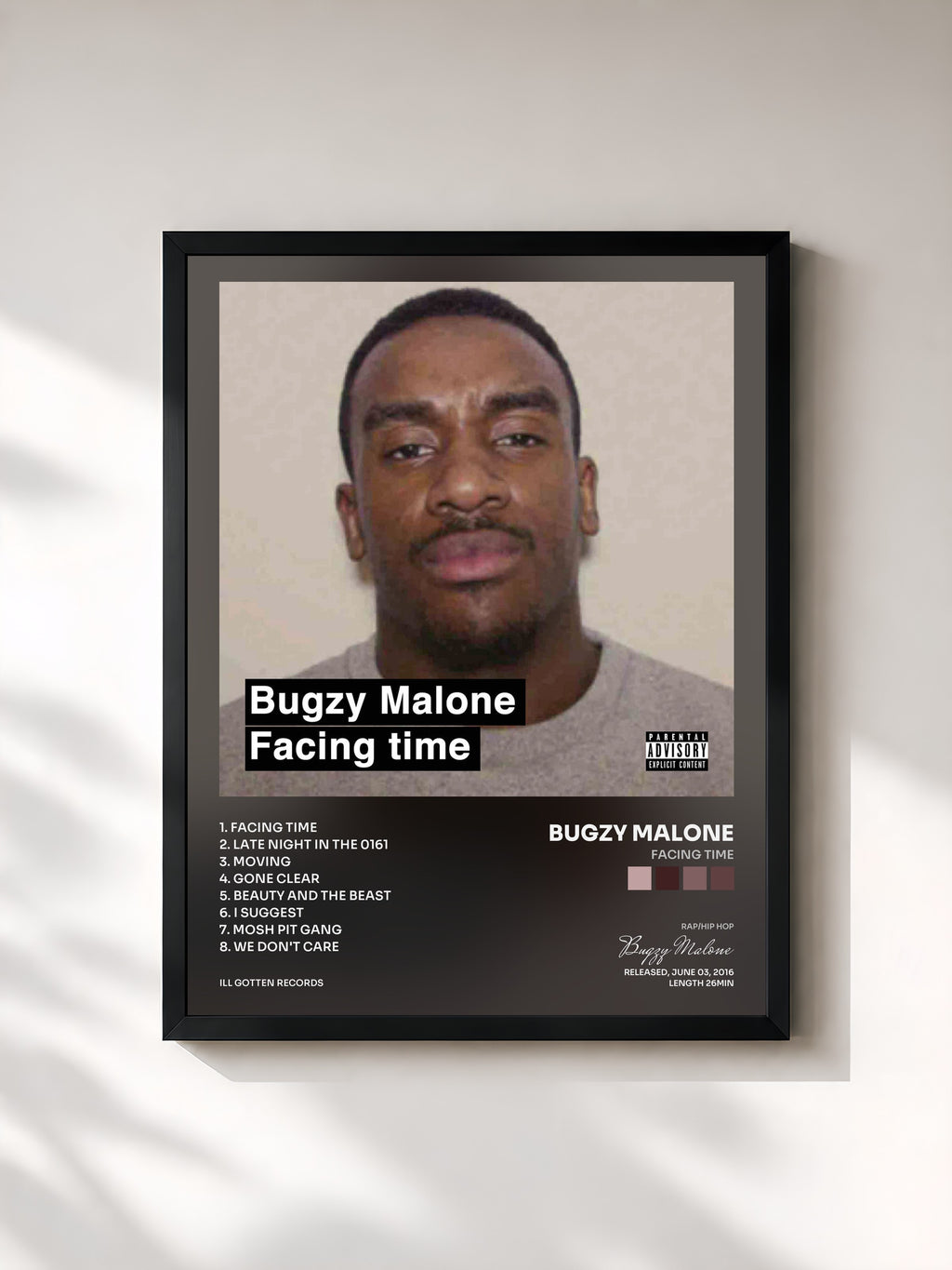 #noir Tableau de l'album Facing Time de Bugzy Malone, cadre noir, imprimé et encadré en France