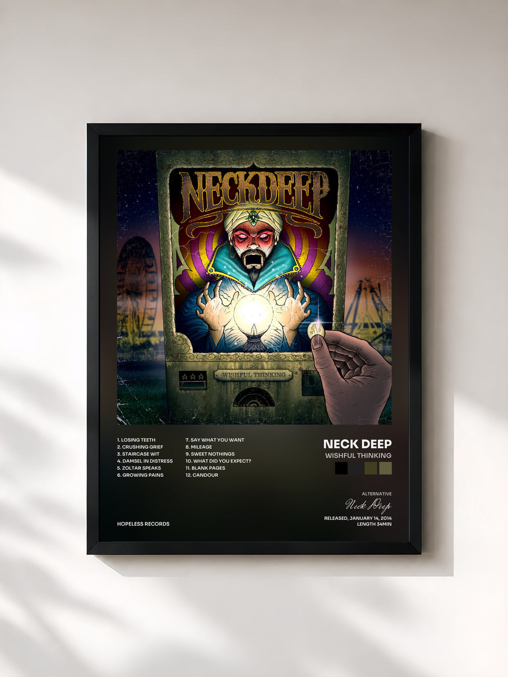 #noir Tableau de l'album Wishful Thinking de Neck Deep, cadre noir, imprimé et encadré en France