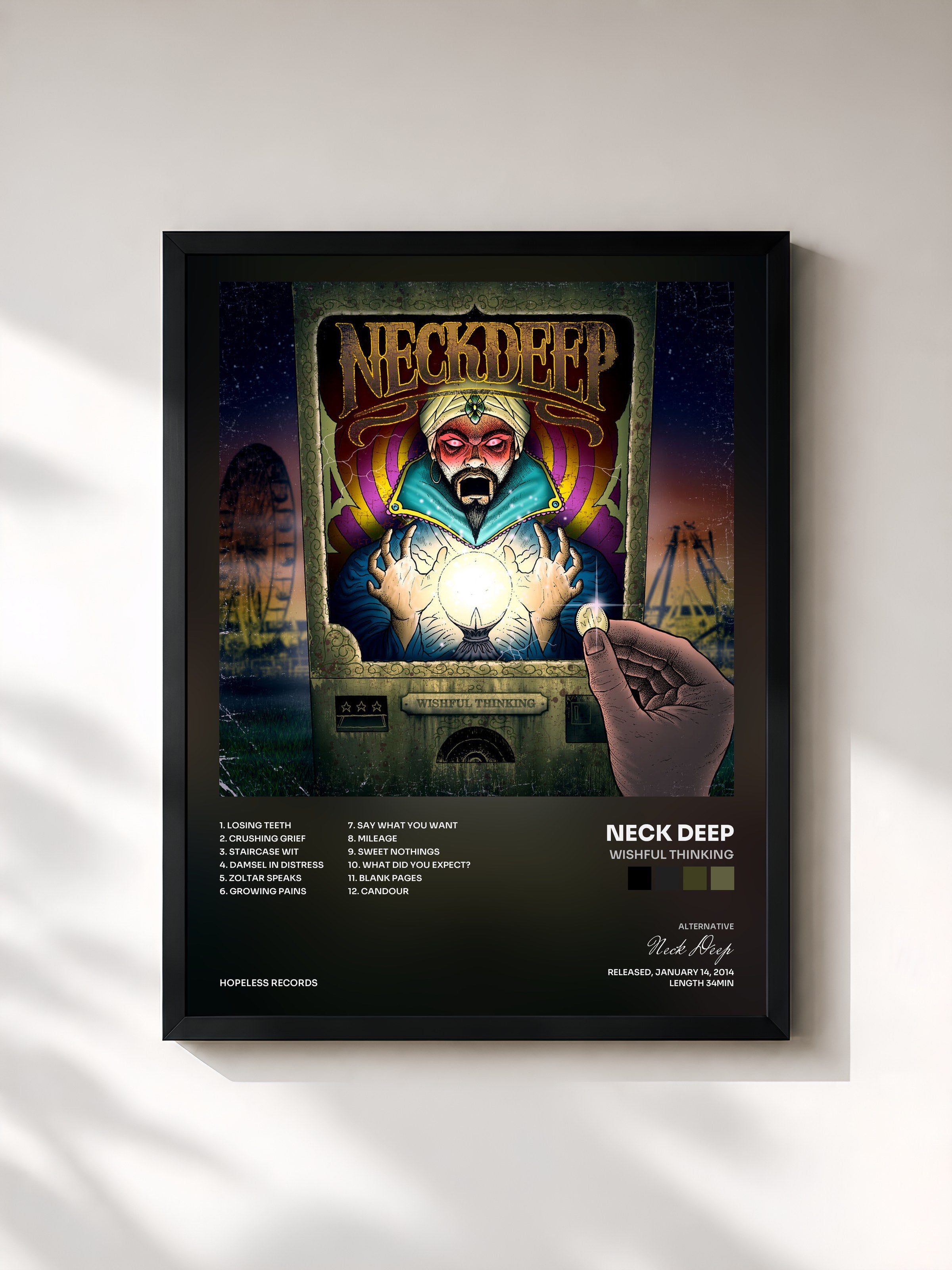 #noir Tableau de l'album Wishful Thinking de Neck Deep, cadre noir, imprimé et encadré en France