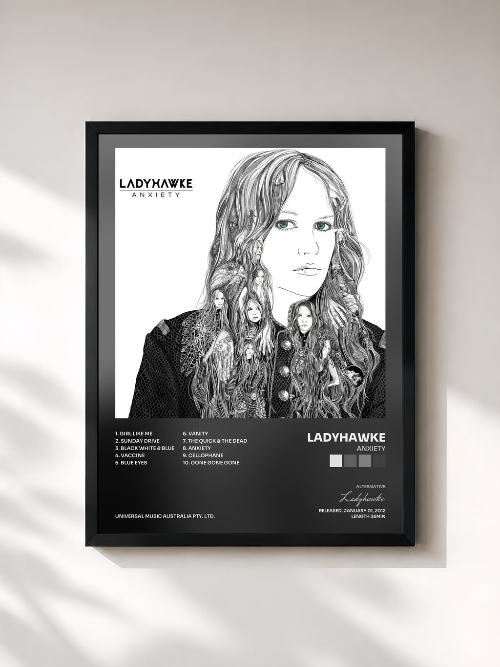 #noir Tableau de l'album Anxiety de Ladyhawke, cadre noir, imprimé et encadré en France