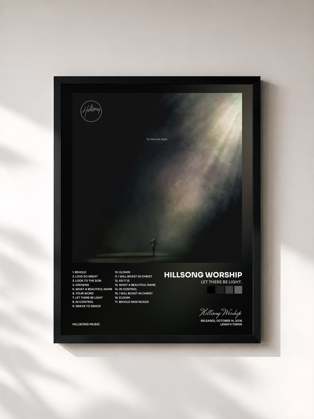 #noir Tableau de l'album let there be light. de Hillsong Worship, cadre noir, imprimé et encadré en France