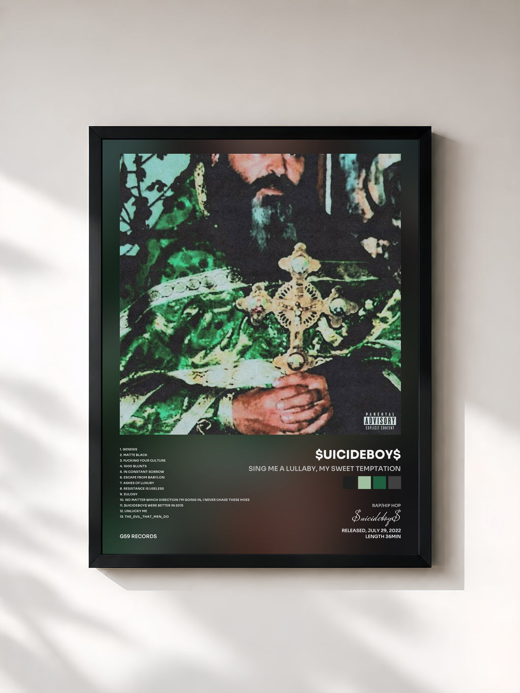 #noir Tableau de l'album Sing Me a Lullaby, My Sweet Temptation de $uicideboy$, cadre noir, imprimé et encadré en France