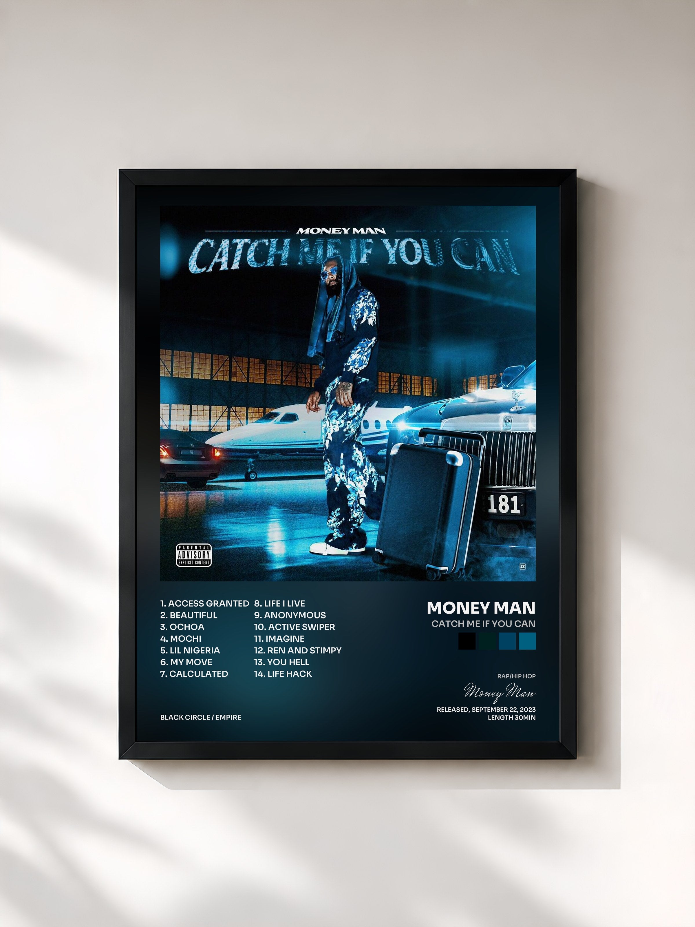 #noir Tableau de l'album Catch Me If You Can de Money Man, cadre noir, imprimé et encadré en France