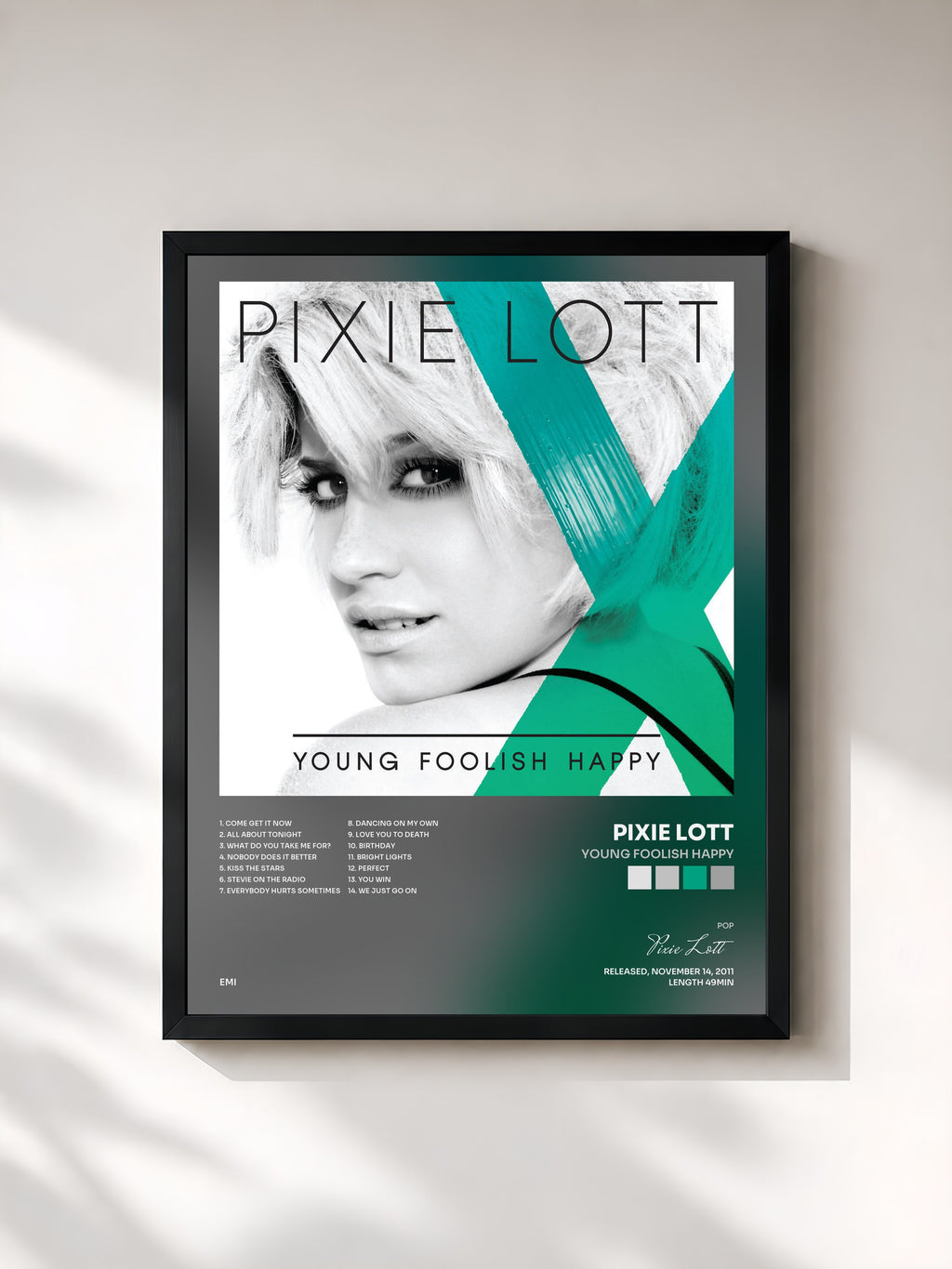 #noir Tableau de l'album Young Foolish Happy de Pixie Lott, cadre noir, imprimé et encadré en France