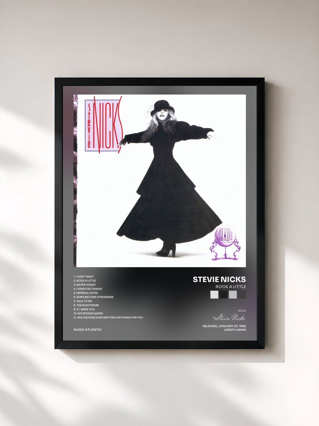 #noir Tableau de l'album Rock a Little de Stevie Nicks, cadre noir, imprimé et encadré en France