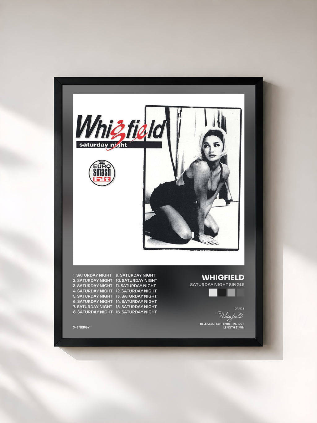 #noir Tableau de l'album Saturday Night Single de Whigfield, cadre noir, imprimé et encadré en France