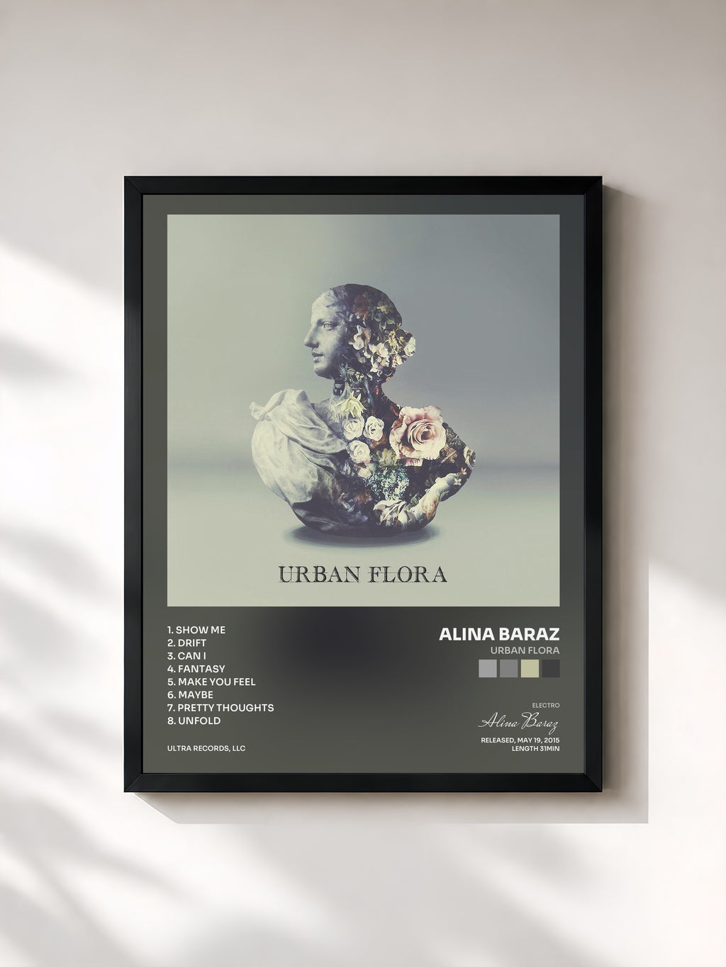 #noir Tableau de l'album Urban Flora de Alina Baraz, cadre noir, imprimé et encadré en France
