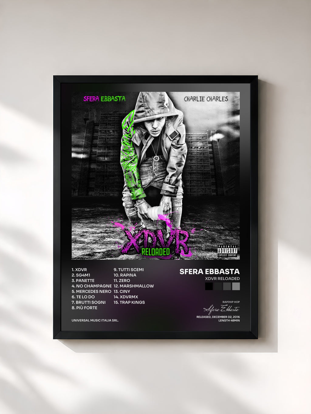 #noir Tableau de l'album XDVR Reloaded de Sfera Ebbasta, cadre noir, imprimé et encadré en France