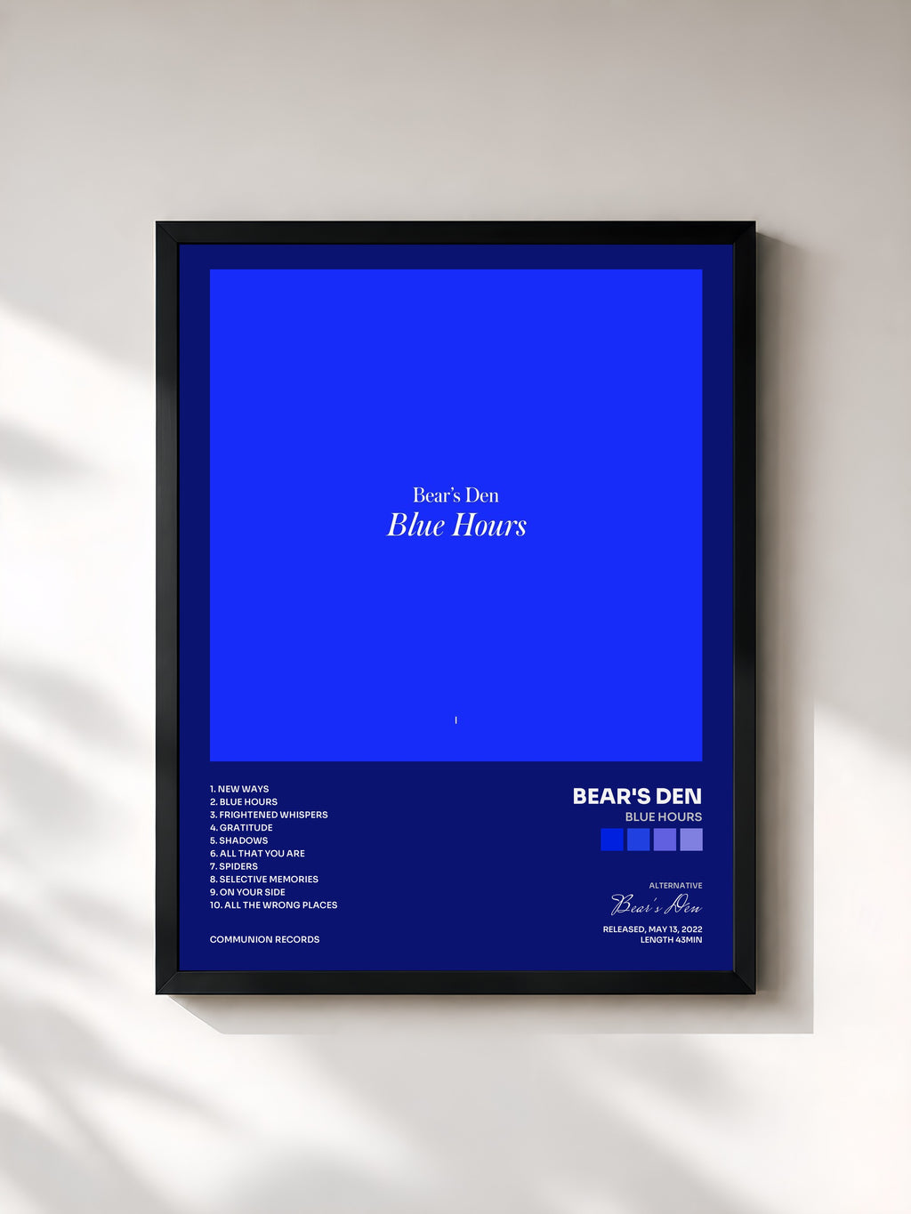 #noir Tableau de l'album Blue Hours de Bear's Den, cadre noir, imprimé et encadré en France