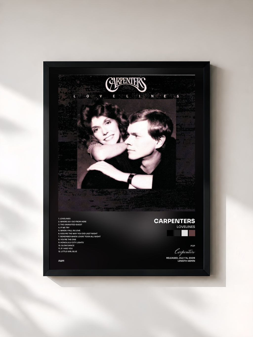 #noir Tableau de l'album Lovelines de Carpenters, cadre noir, imprimé et encadré en France