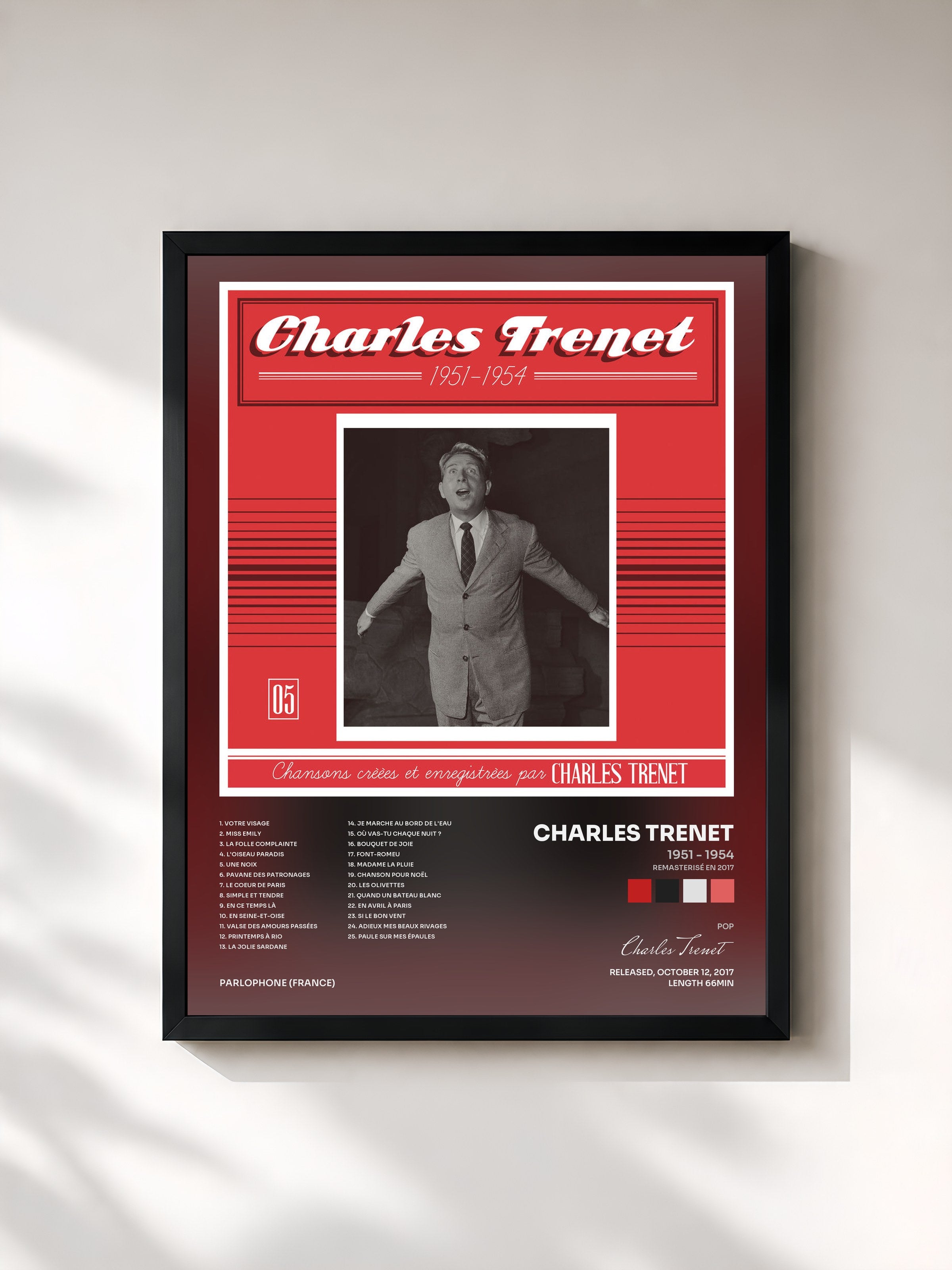 #noir Tableau de l'album 1951 - 1954 (Remasterisé en 2017) de Charles Trenet, cadre noir, imprimé et encadré en France