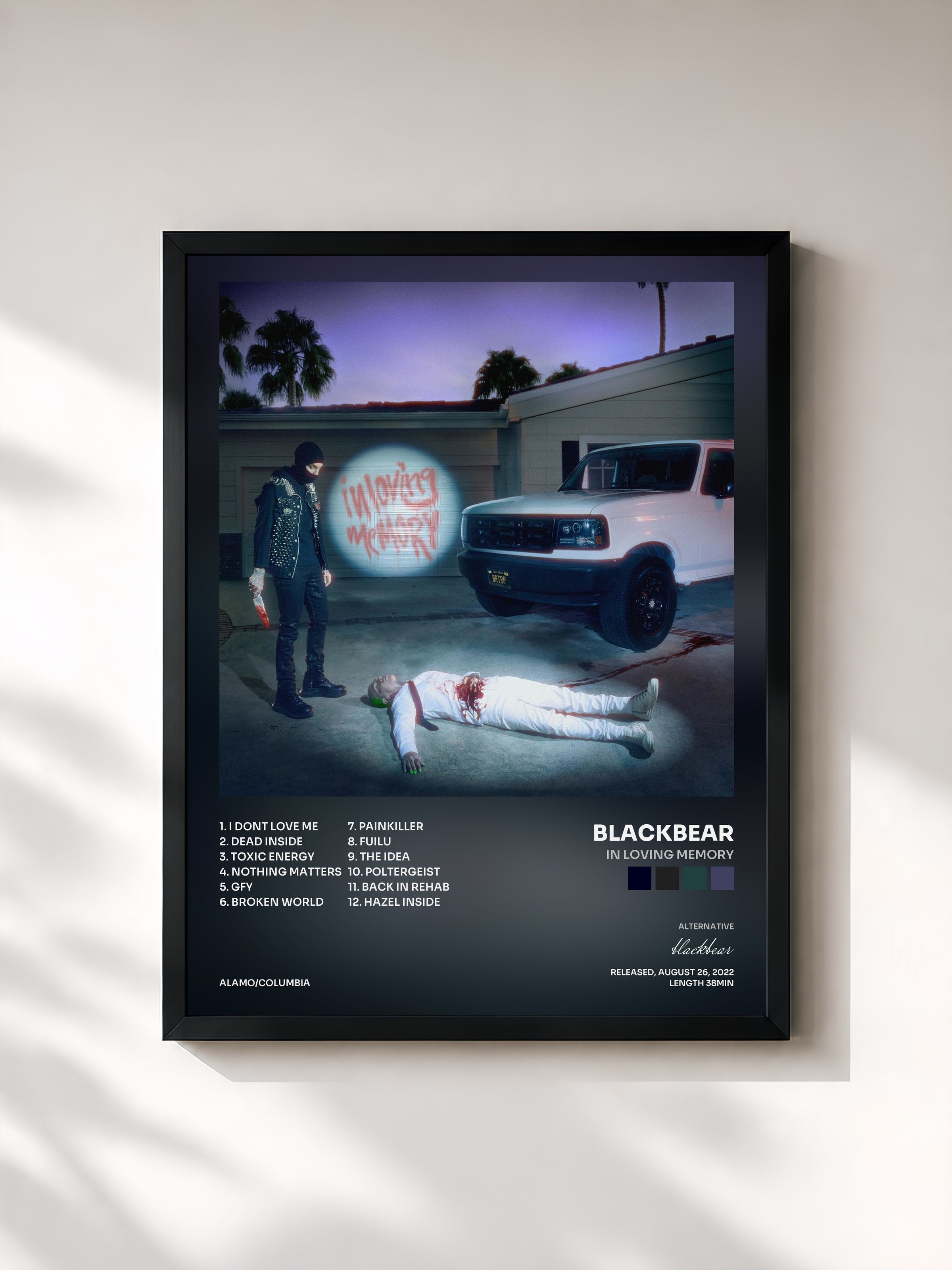 #noir Tableau de l'album in loving memory de blackbear, cadre noir, imprimé et encadré en France