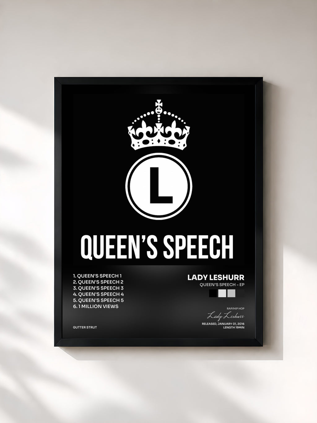 #noir Tableau de l'album Queen's Speech - EP de Lady Leshurr, cadre noir, imprimé et encadré en France