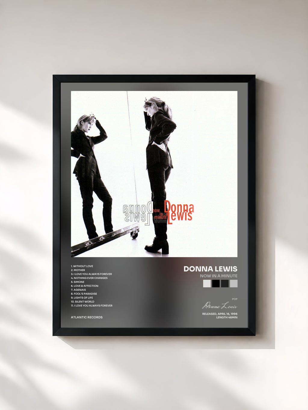 #noir Tableau de l'album Now in a Minute de Donna Lewis, cadre noir, imprimé et encadré en France