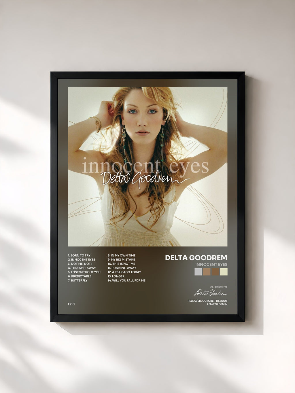#noir Tableau de l'album Innocent Eyes de Delta Goodrem, cadre noir, imprimé et encadré en France