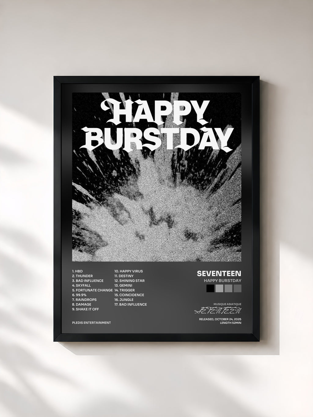 #noir Tableau de l'album HAPPY BURSTDAY de SEVENTEEN, cadre noir, imprimé et encadré en France