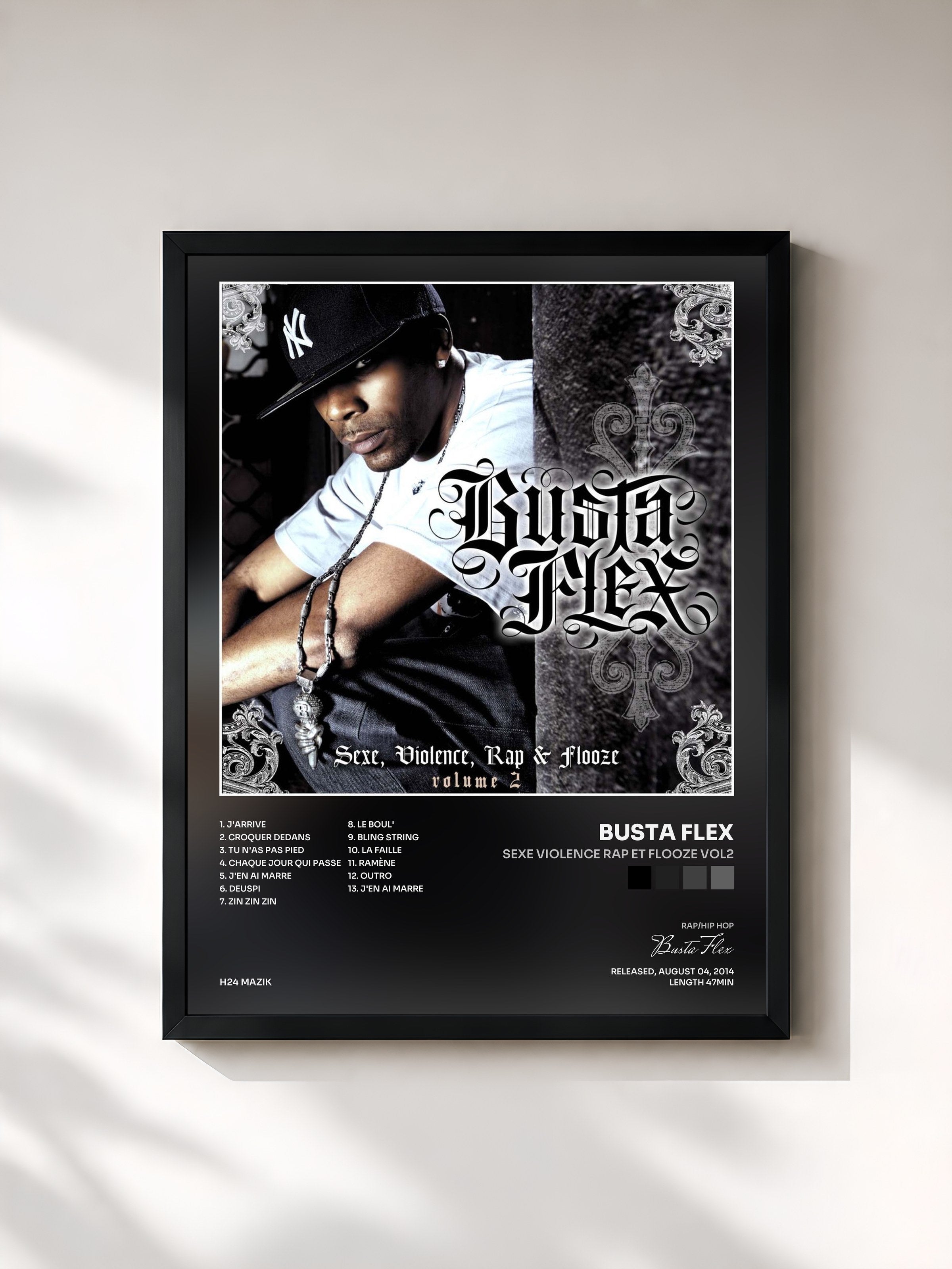 #noir Tableau de l'album Sexe Violence Rap et Flooze Vol2 de Busta Flex, cadre noir, imprimé et encadré en France