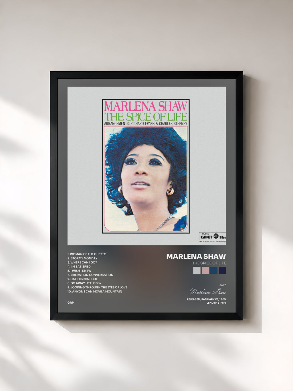 #noir Tableau de l'album The Spice Of Life de Marlena Shaw, cadre noir, imprimé et encadré en France