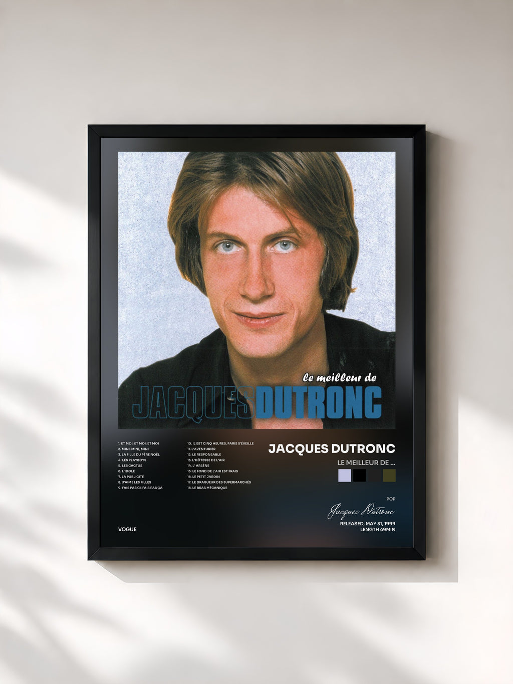 #noir Tableau de l'album Le meilleur de ... de Jacques Dutronc, cadre noir, imprimé et encadré en France