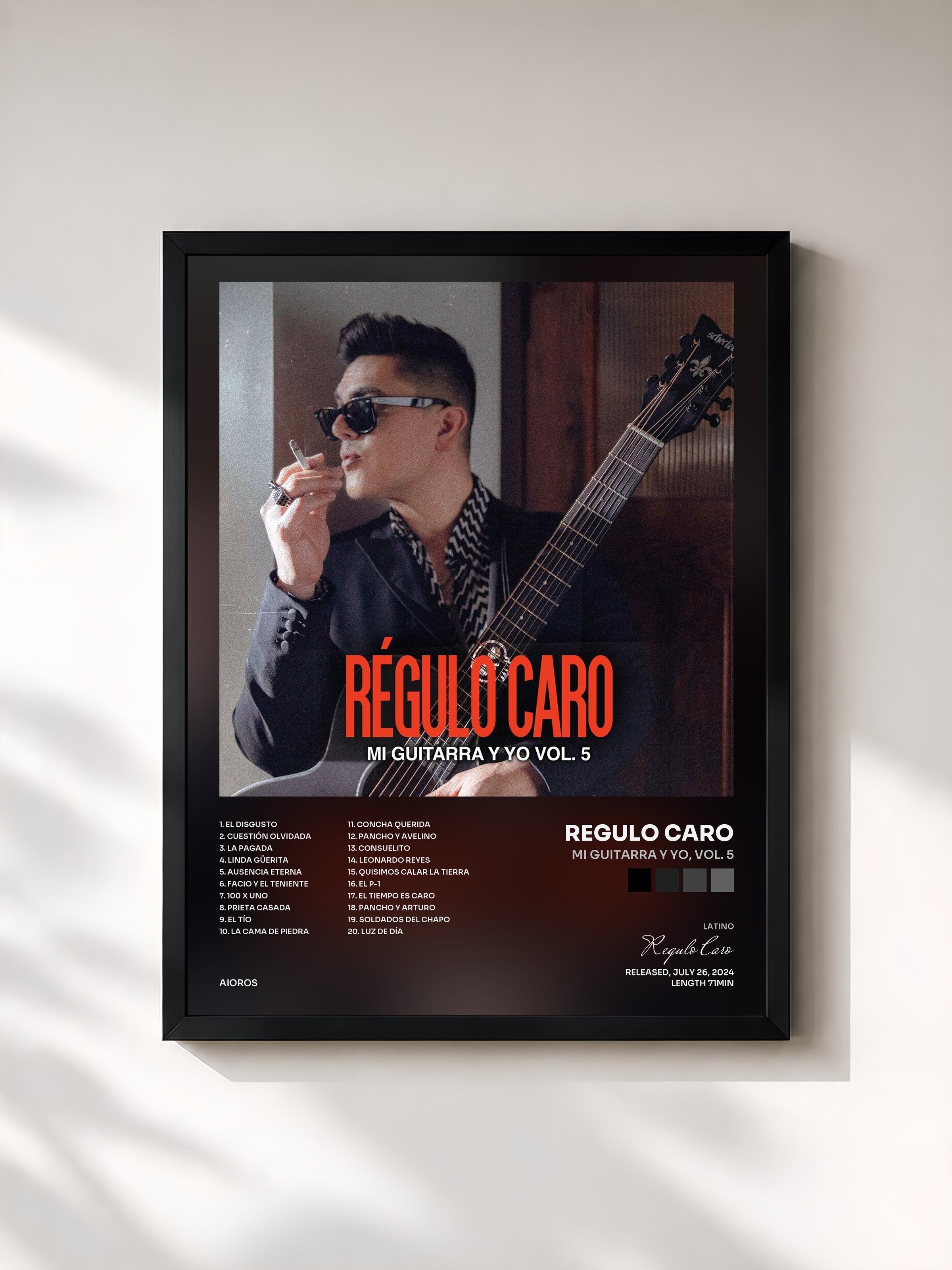 #noir Tableau de l'album Mi Guitarra y Yo, Vol. 5 de Regulo Caro, cadre noir, imprimé et encadré en France