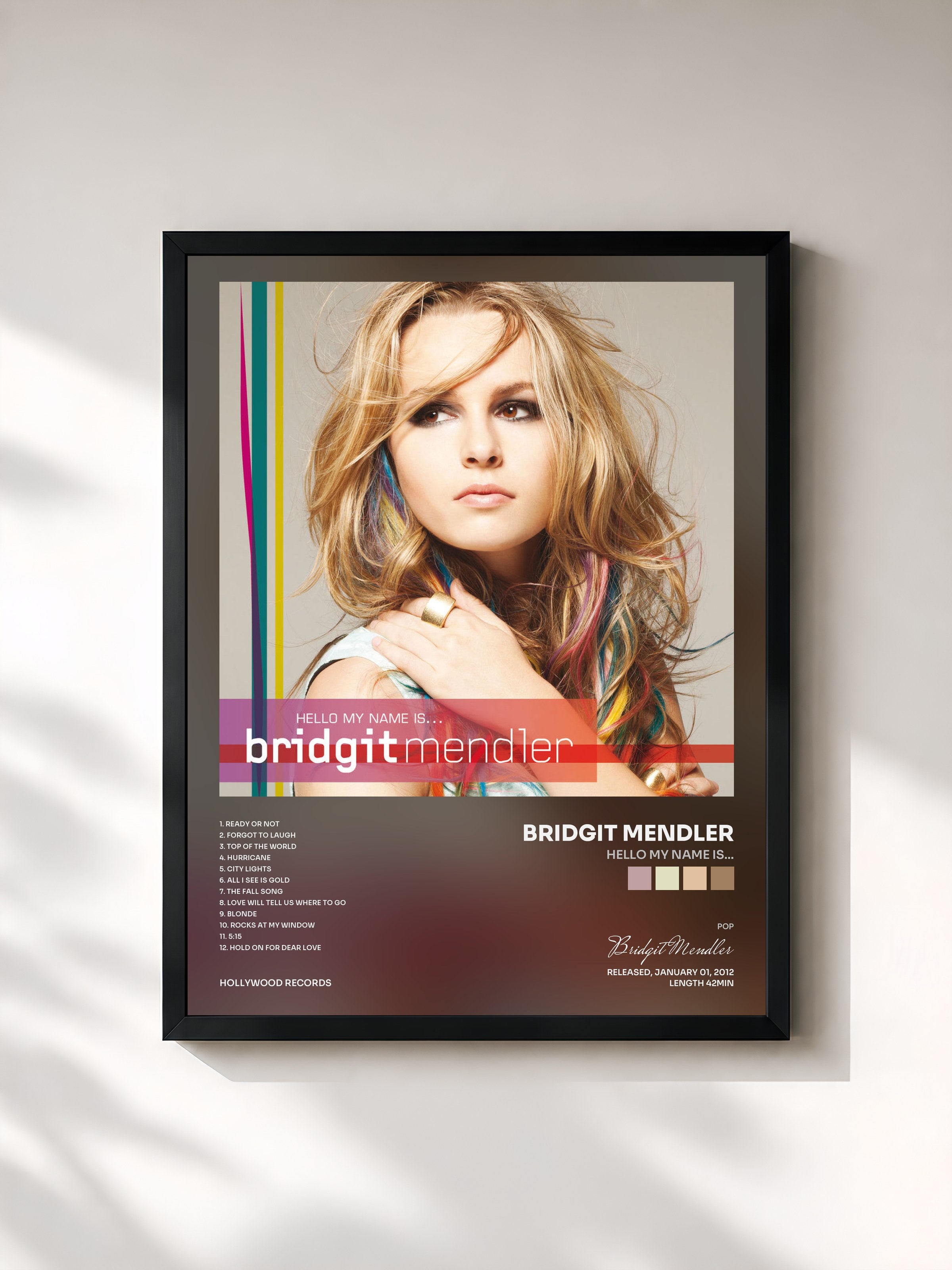 #noir Tableau de l'album Hello My Name Is... de Bridgit Mendler, cadre noir, imprimé et encadré en France
