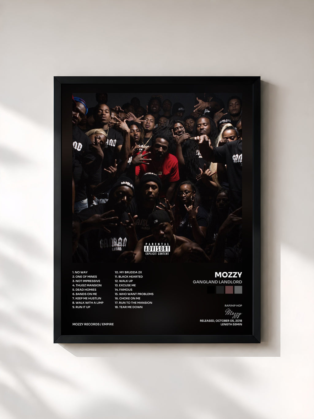 #noir Tableau de l'album Gangland Landlord de Mozzy, cadre noir, imprimé et encadré en France