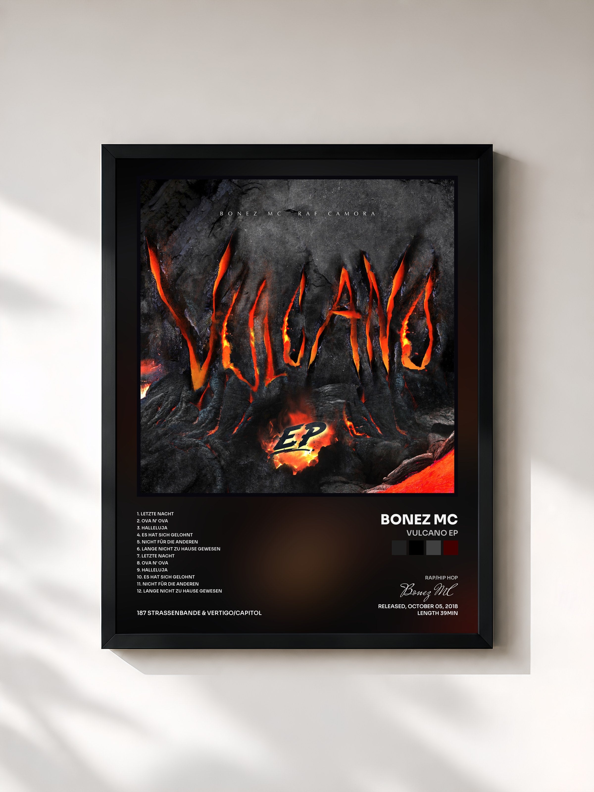 #noir Tableau de l'album Vulcano EP de Bonez MC, cadre noir, imprimé et encadré en France