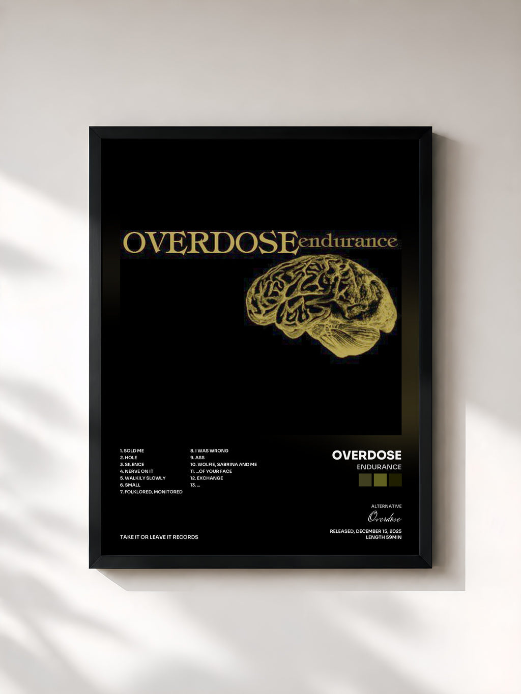 #noir Tableau de l'album Endurance de Overdose, cadre noir, imprimé et encadré en France