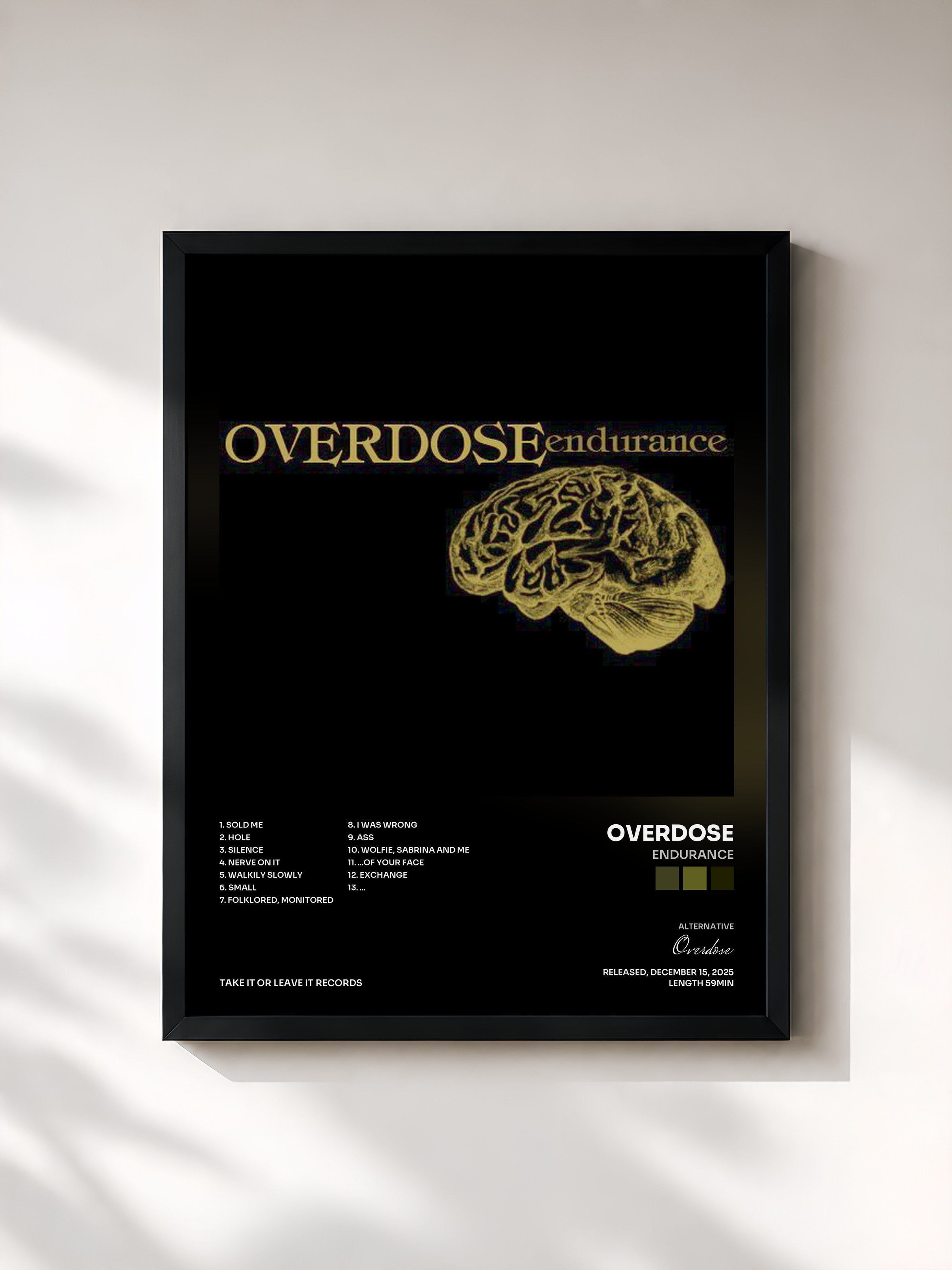 #noir Tableau de l'album Endurance de Overdose, cadre noir, imprimé et encadré en France