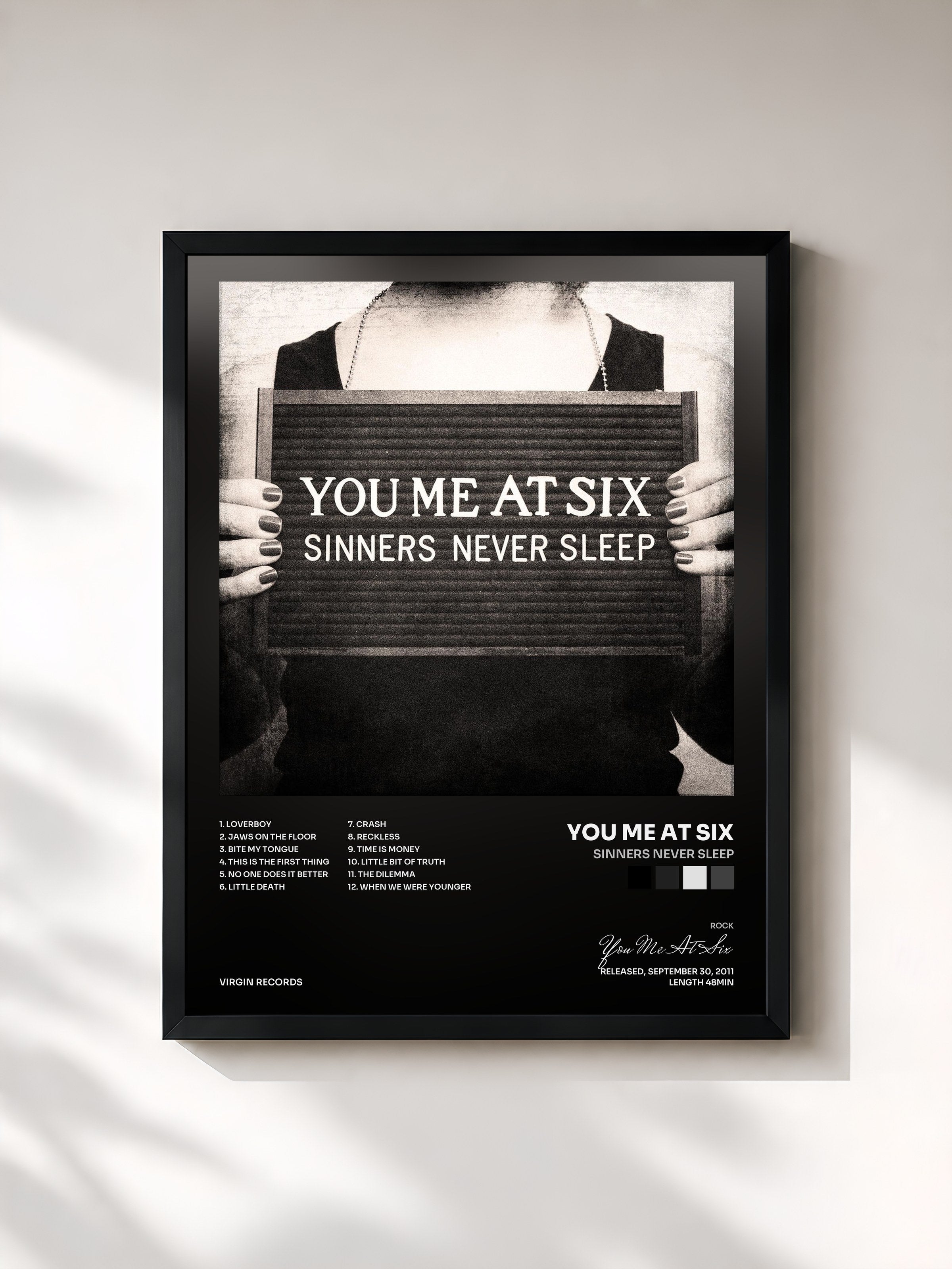 #noir Tableau de l'album Sinners Never Sleep de You Me At Six, cadre noir, imprimé et encadré en France