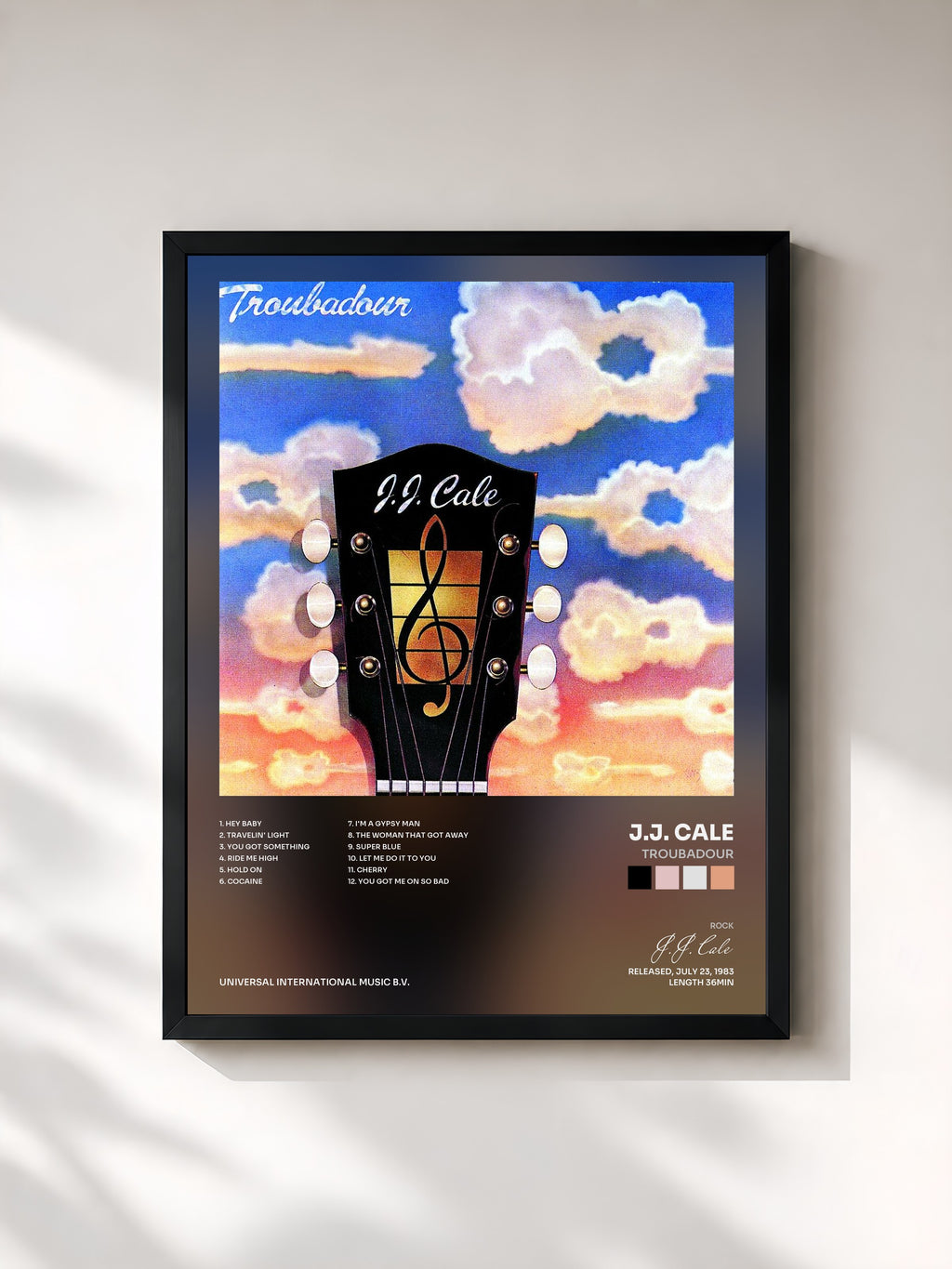 #noir Tableau de l'album Troubadour de J.J. Cale, cadre noir, imprimé et encadré en France