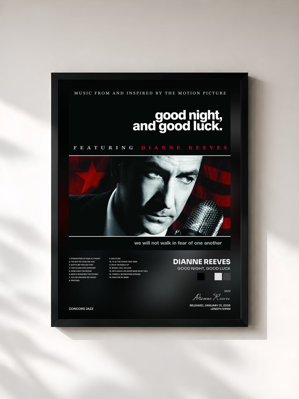#noir Tableau de l'album Good Night, Good Luck de Dianne Reeves, cadre noir, imprimé et encadré en France