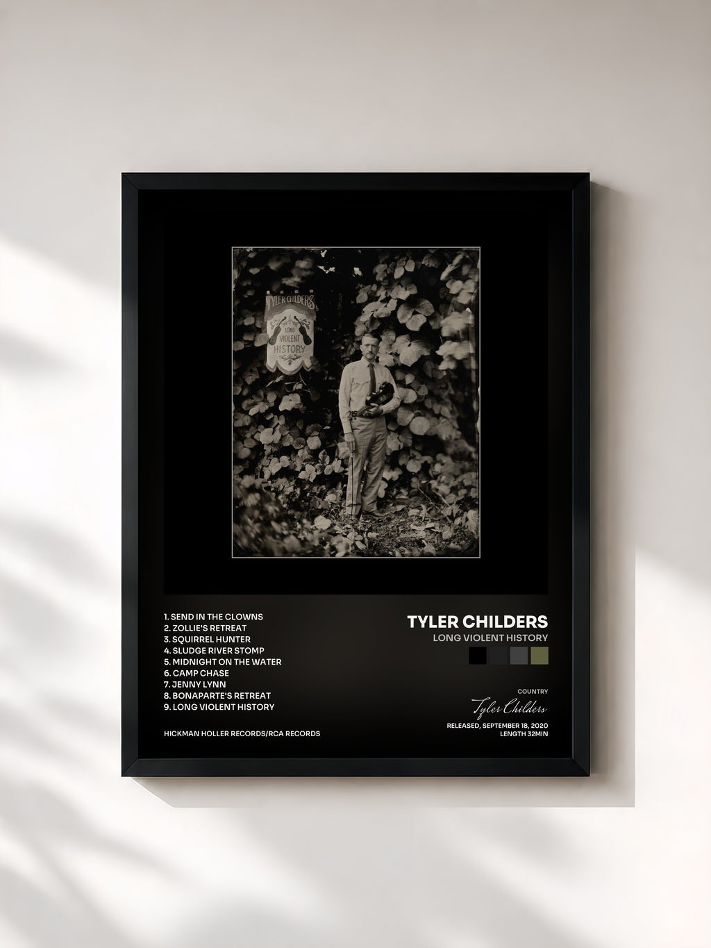 #noir Tableau de l'album Long Violent History de Tyler Childers, cadre noir, imprimé et encadré en France