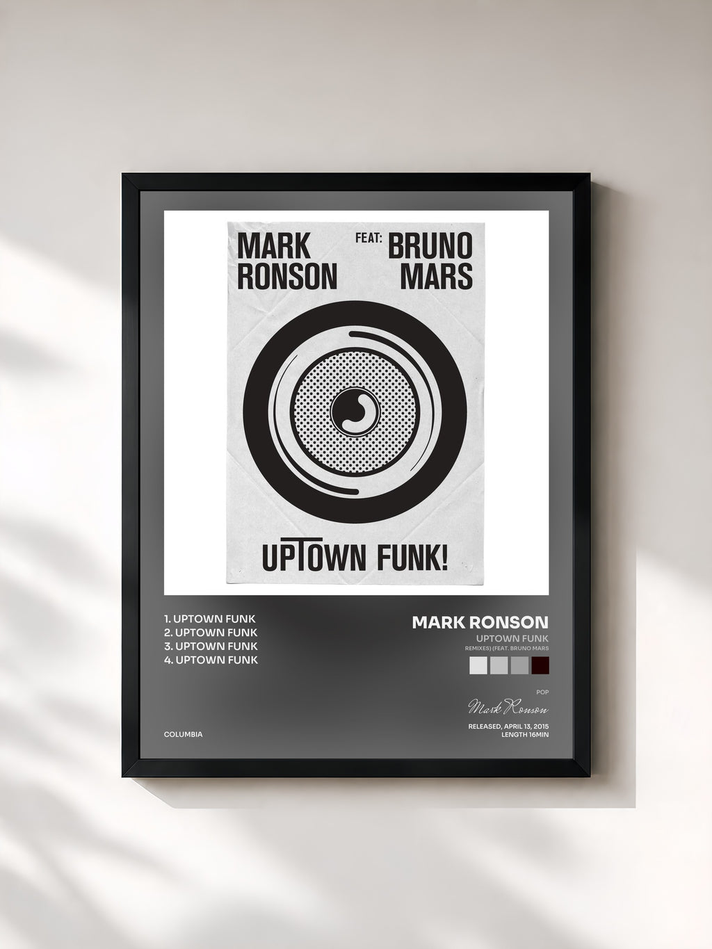 #noir Tableau de l'album Uptown Funk (Remixes) (feat. Bruno Mars) de Mark Ronson, cadre noir, imprimé et encadré en France