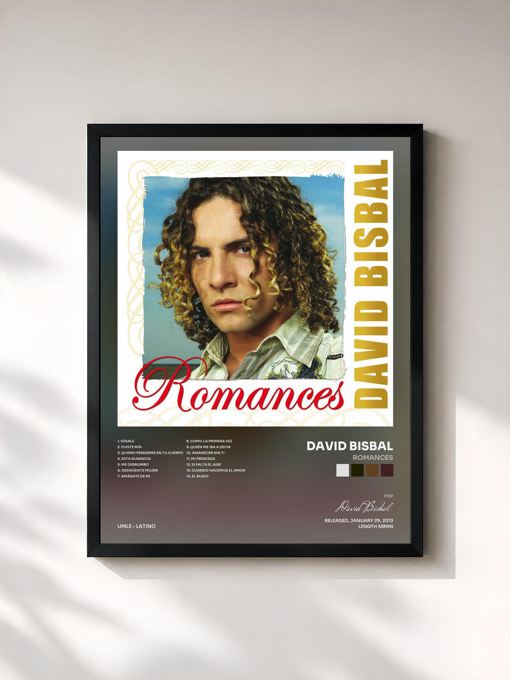 #noir Tableau de l'album Romances de David Bisbal, cadre noir, imprimé et encadré en France