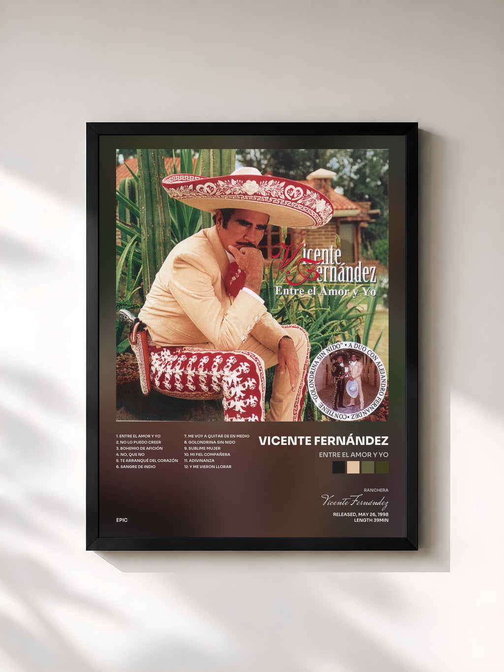#noir Tableau de l'album Entre El Amor Y Yo de Vicente Fernández, cadre noir, imprimé et encadré en France