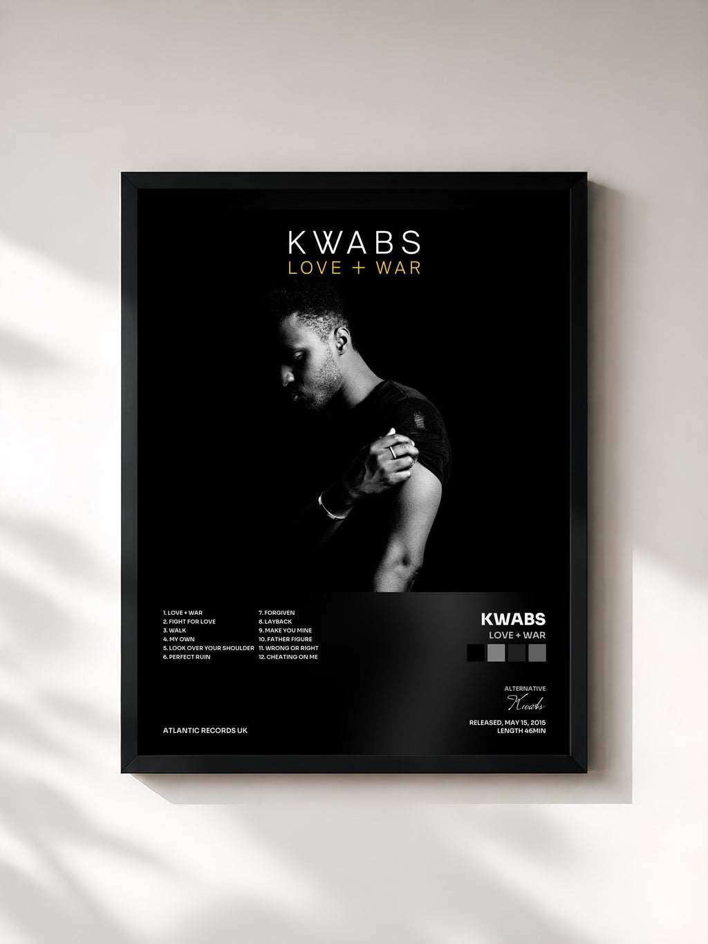 #noir Tableau de l'album Love + War de Kwabs, cadre noir, imprimé et encadré en France