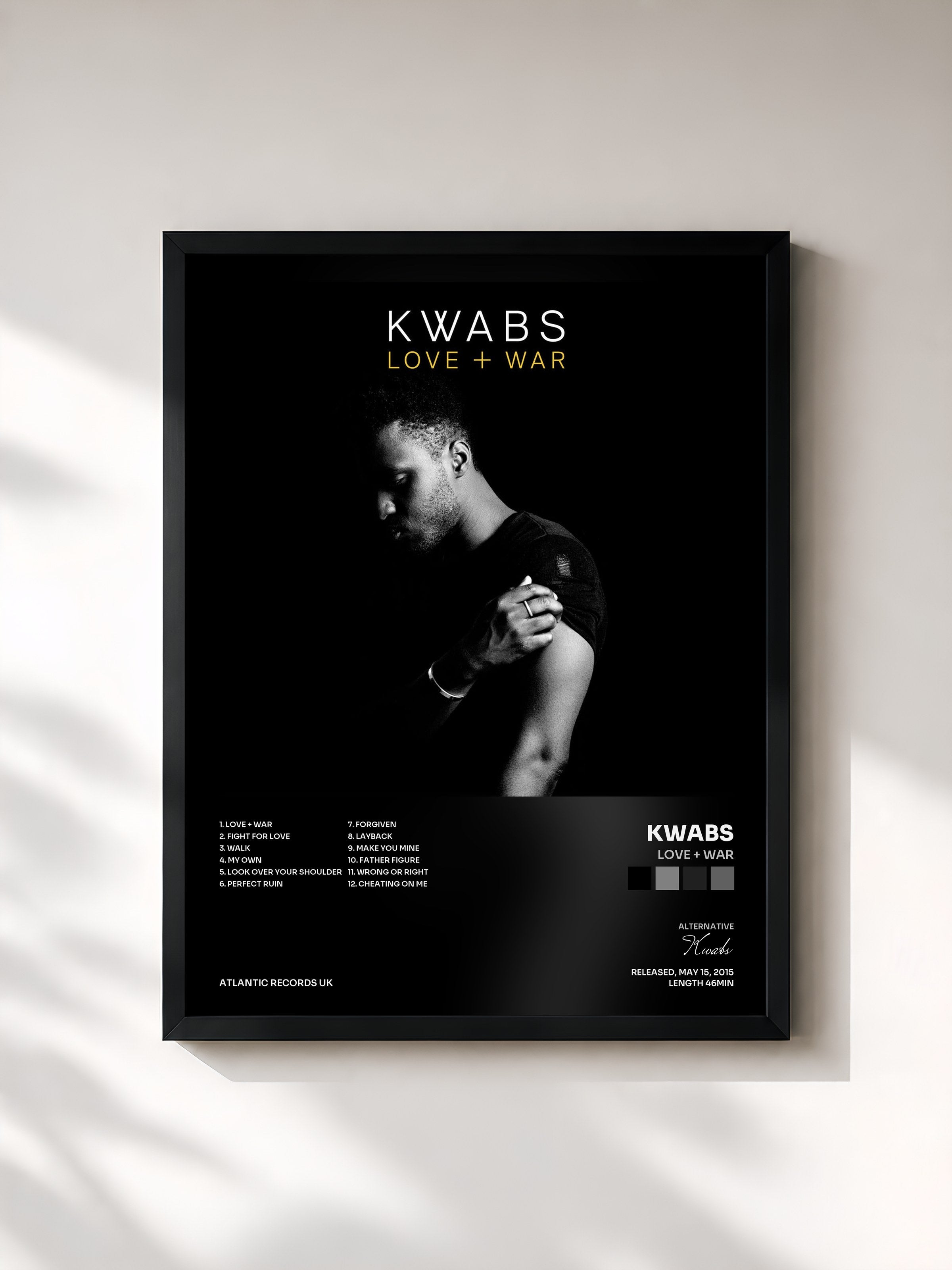 #noir Tableau de l'album Love + War de Kwabs, cadre noir, imprimé et encadré en France