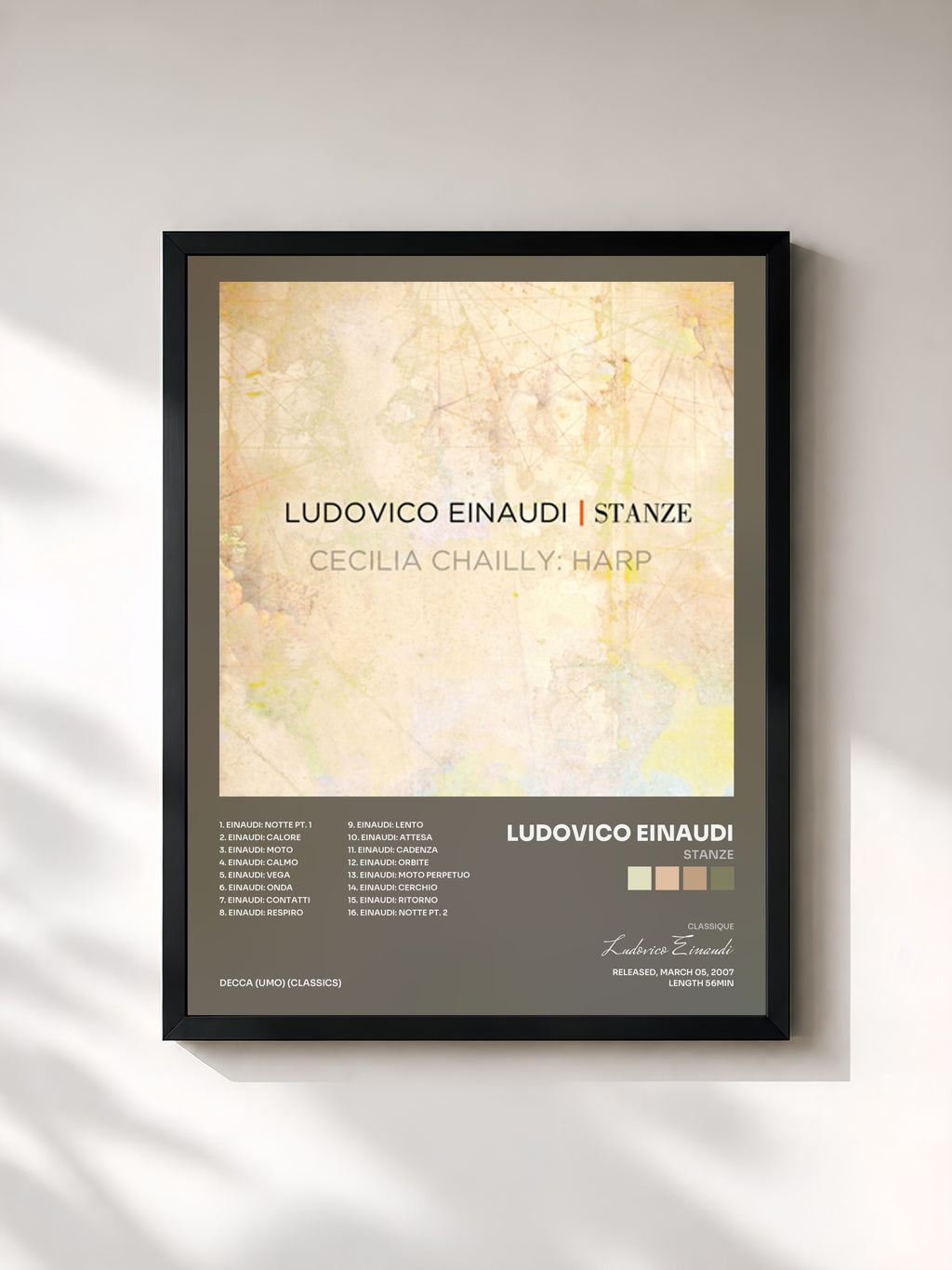 #noir Tableau de l'album Stanze de Ludovico Einaudi, cadre noir, imprimé et encadré en France
