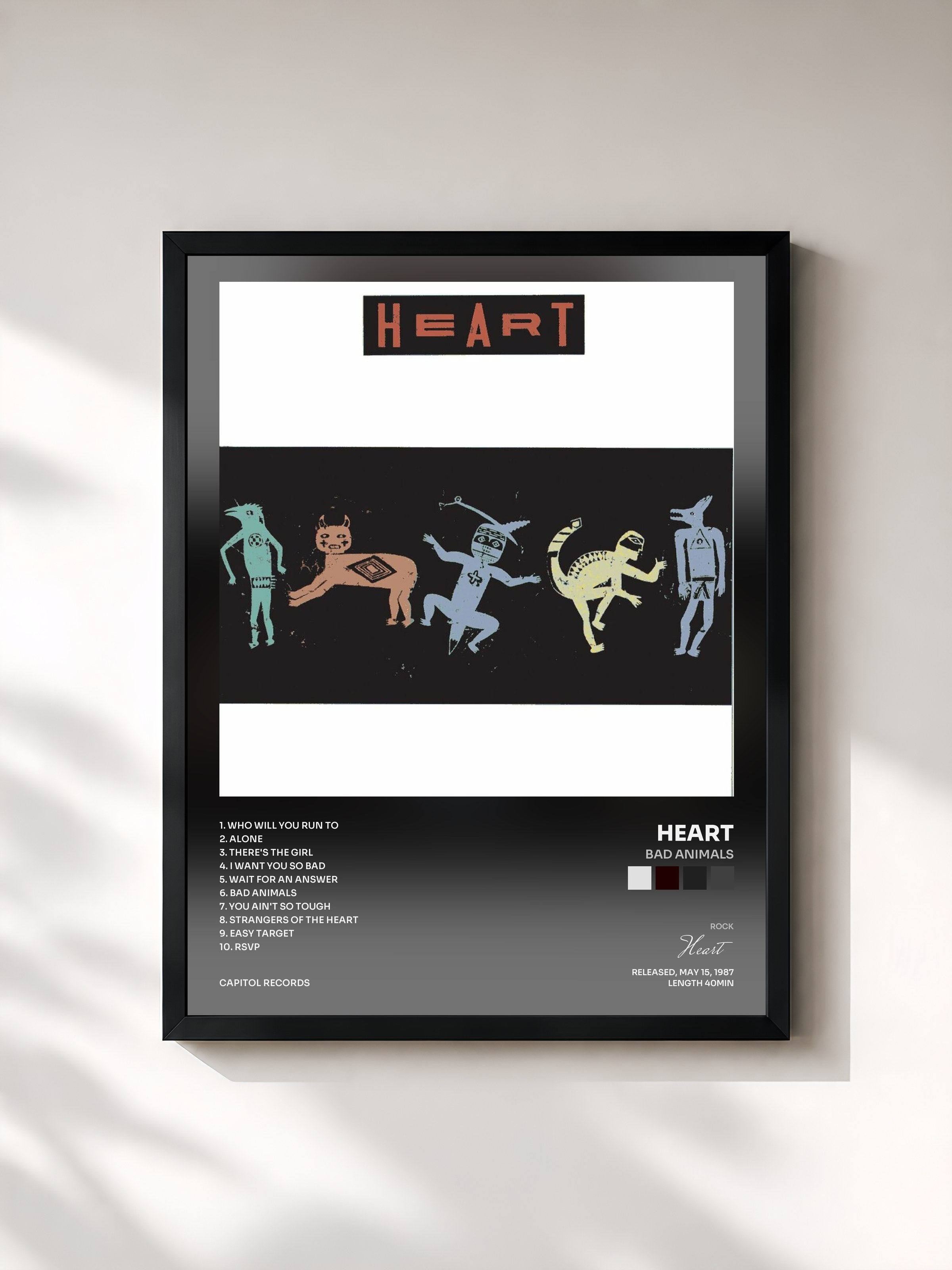 #noir Tableau de l'album Bad Animals de Heart, cadre noir, imprimé et encadré en France