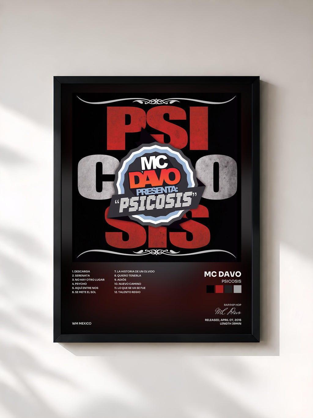 #noir Tableau de l'album Psicosis de MC Davo, cadre noir, imprimé et encadré en France